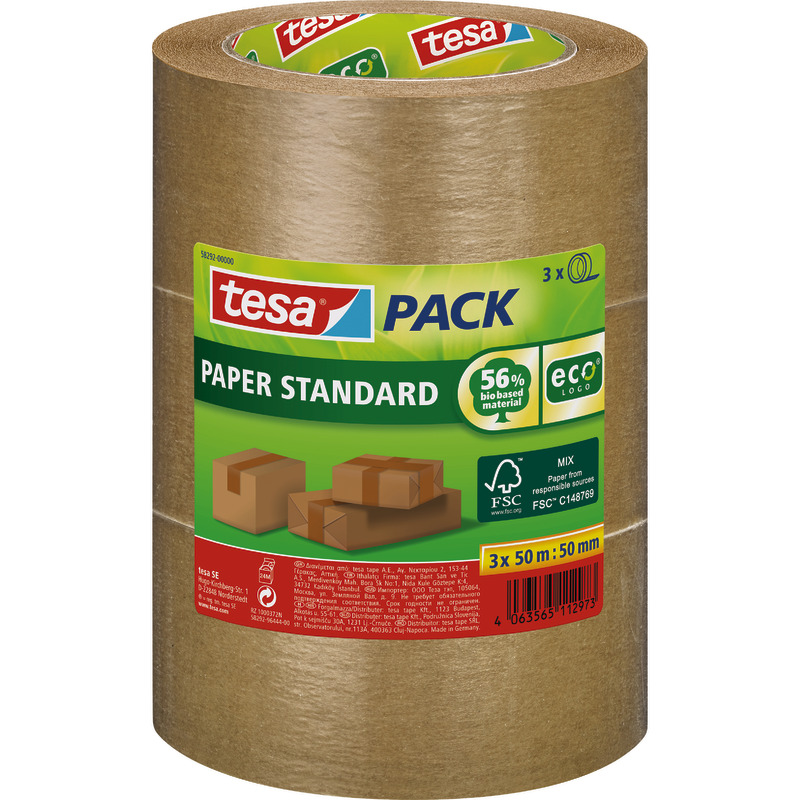 Spar-Set! 3 Rollen tesa Packband Papier Standard ecoLogo, 50 mm x 50 m