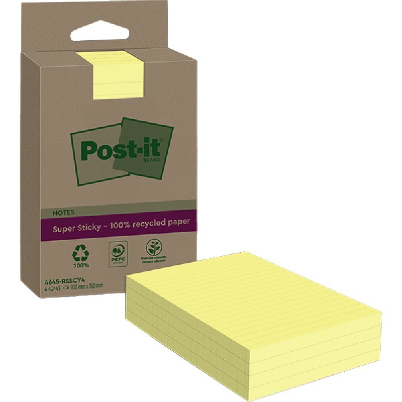 Post-it® Haftnotizen Super Sticky Recycling Notes 102 x 152 mm, liniert, 4645-RSSCY4, gelb