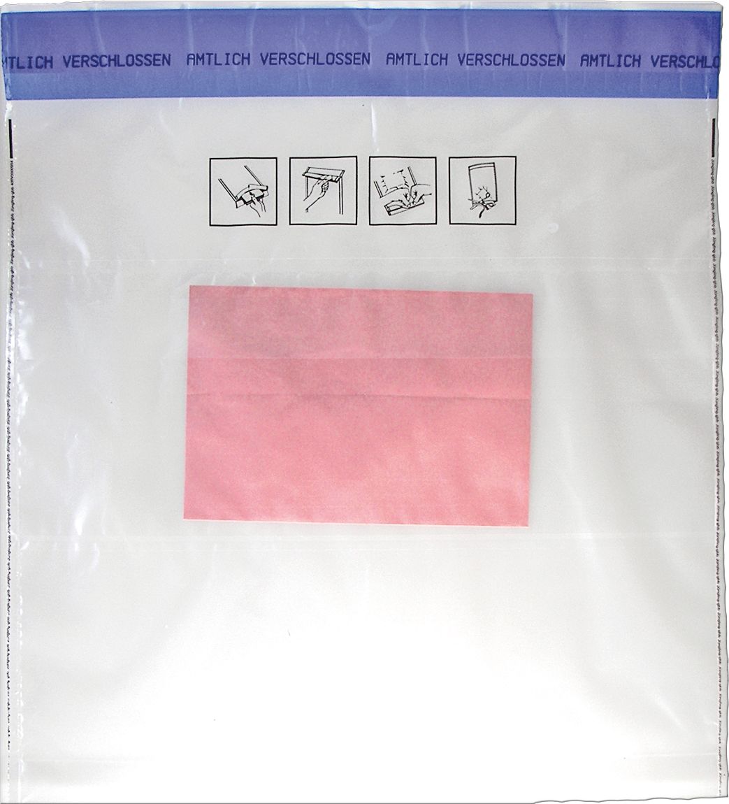 Probenbeutel mit Text amtlich verschlossen, Polyethylen, manipulationssicher, mit Dokumententasche