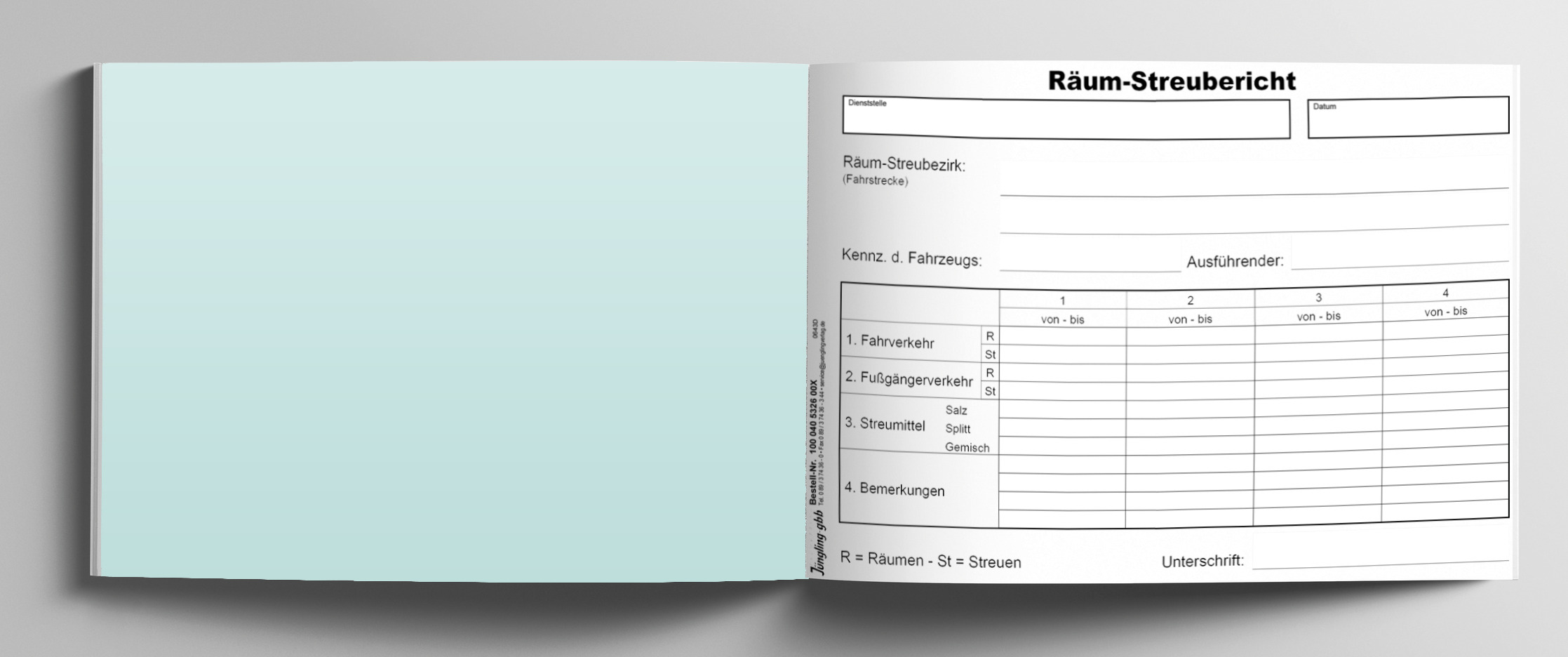 Räum- und Streubuch im Format 210 x 148 (DIN A5, quer), Heft 100seitig (25 Bogen), blau/weiß