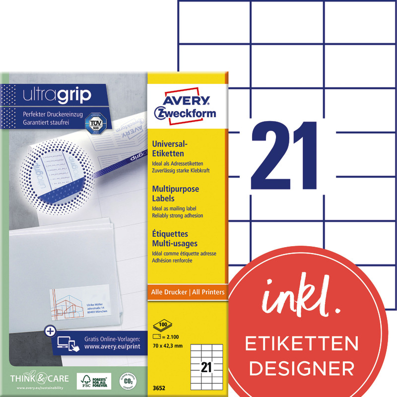 AVERY® Zweckform Universal-Etiketten 3652, permanent haftend, weiß, B x H: 70 x 42, 3 mm, Pack: 2.100 Stück