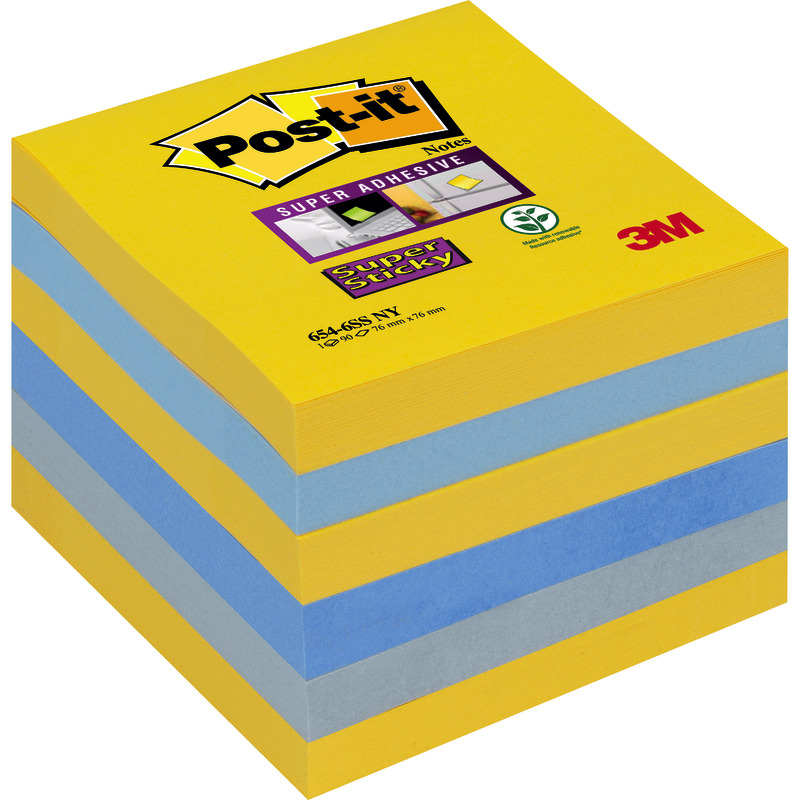 Post-it® Super Sticky Notes, 76 mm x 76 mm, 90 Blatt/Block, 6 Blöcke/Packung - New York bunt