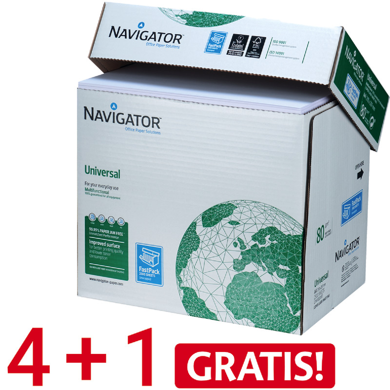 4 + 1 GRATIS! 5 Maxi-Boxen NAVIGATOR Kopierpapier UNIVERSAL, DIN A4, 80 g/m², Maxi-Box: 2.500 Blatt - weiß