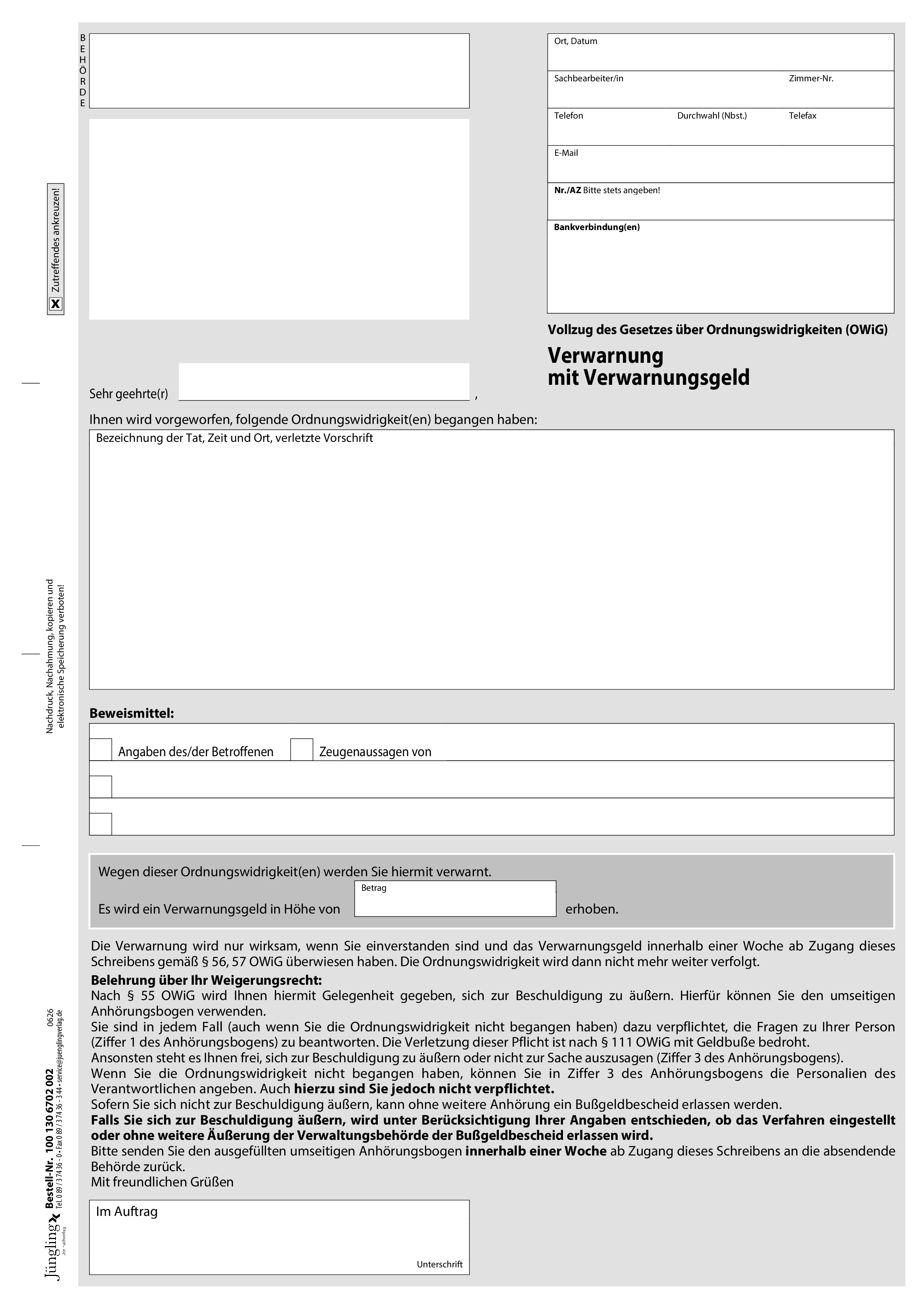 Verwarnung mit Verwarnungsgeld, § 56/57 OWiG, DIN A4, 2-fach