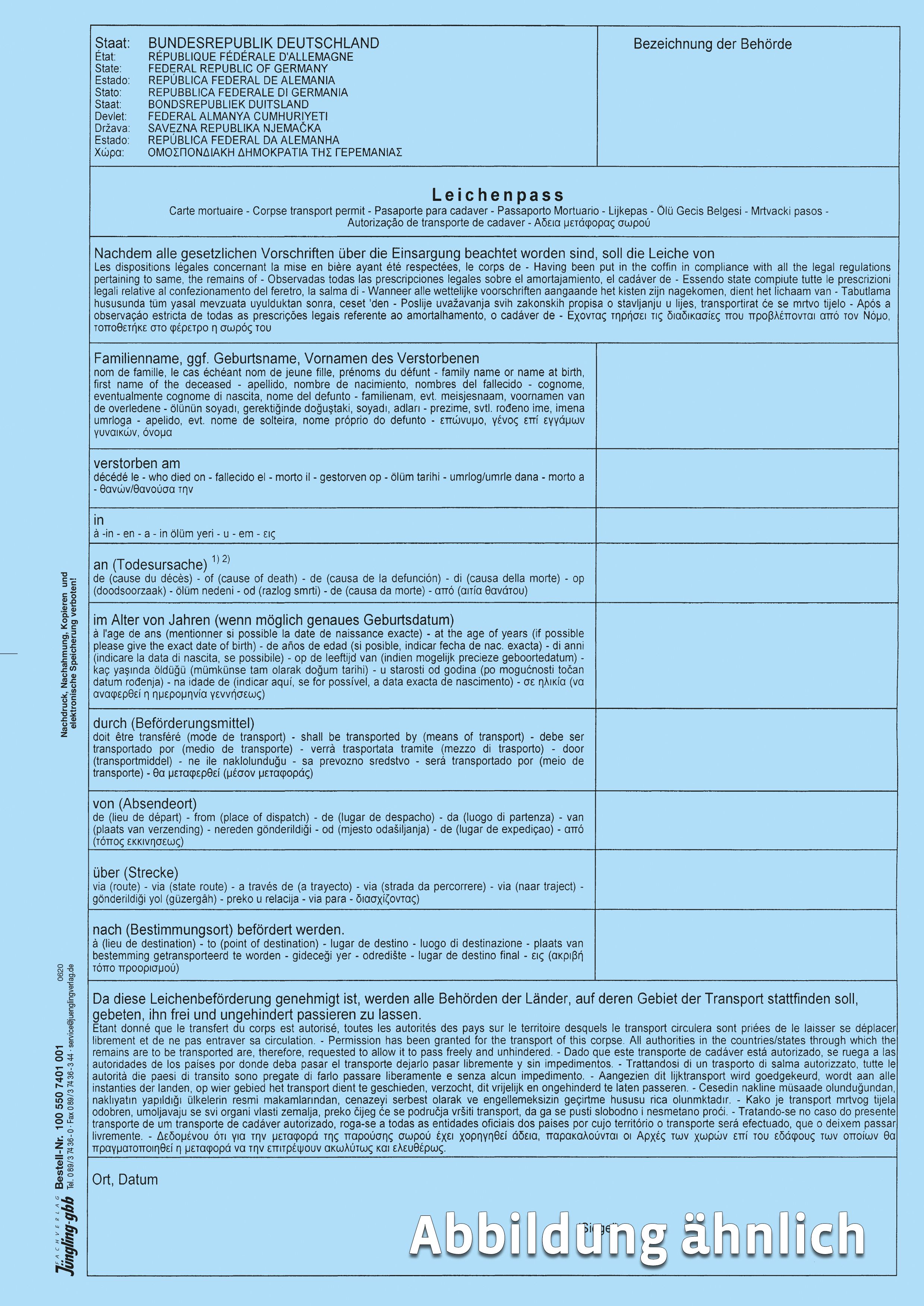 Leichenpass, A4 blau, 10-sprachig
