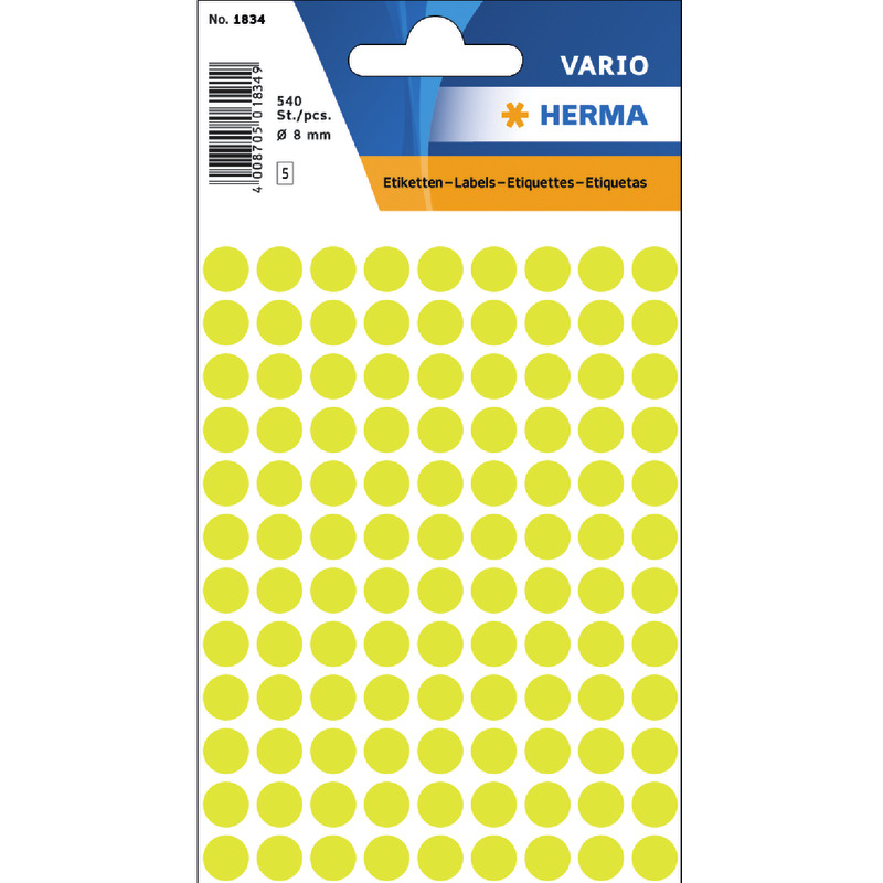HERMA Vielzwecketiketten, Ø 8 mm, rund, Papier matt, 540 St. - gelb HERMA Vielzwecketiketten, Ø 8 mm, rund, Papier matt, 540 St. - gelb