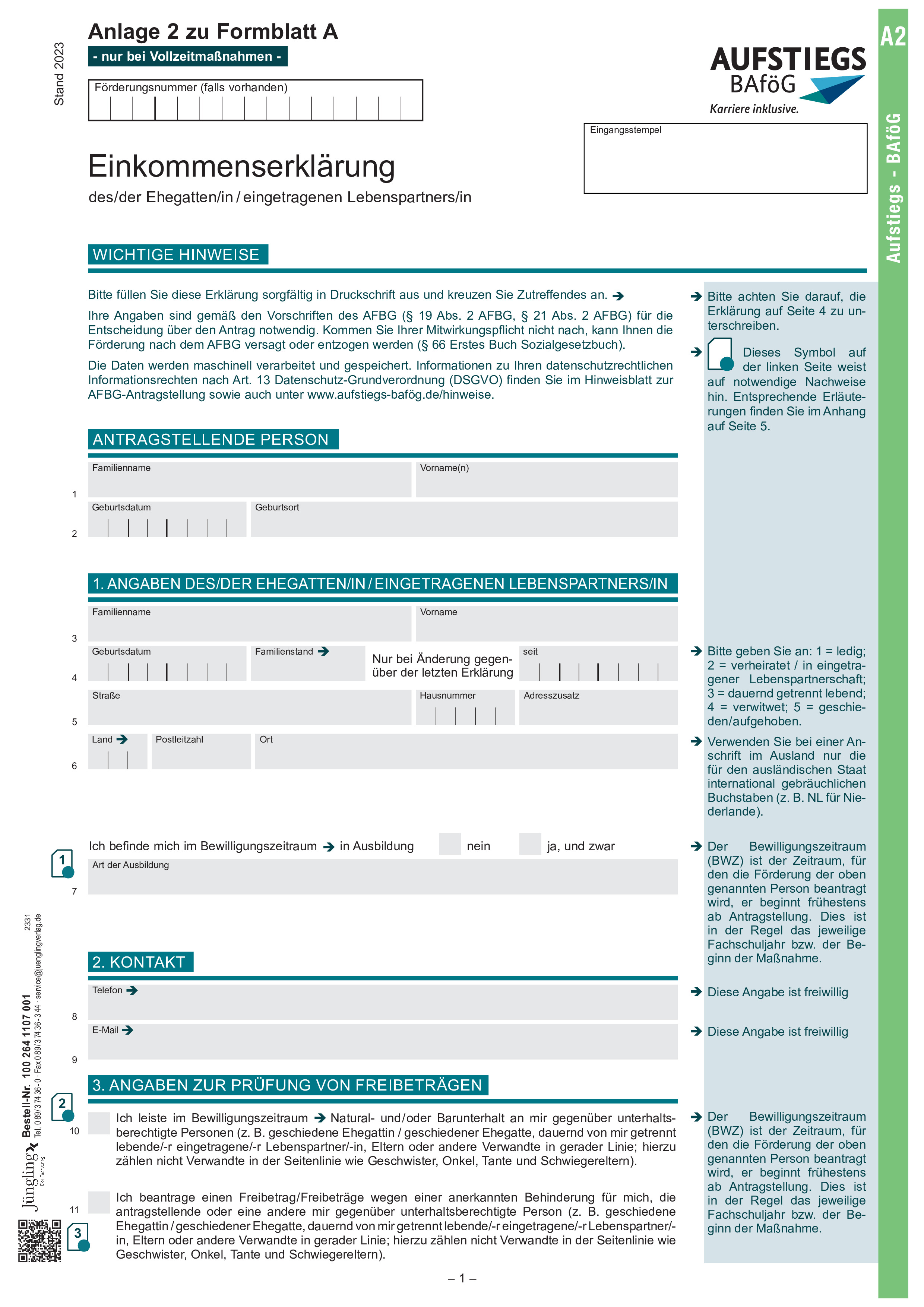 Einkommenserklärung Ehegatte/Lebenspartner - Perforiert und gelocht