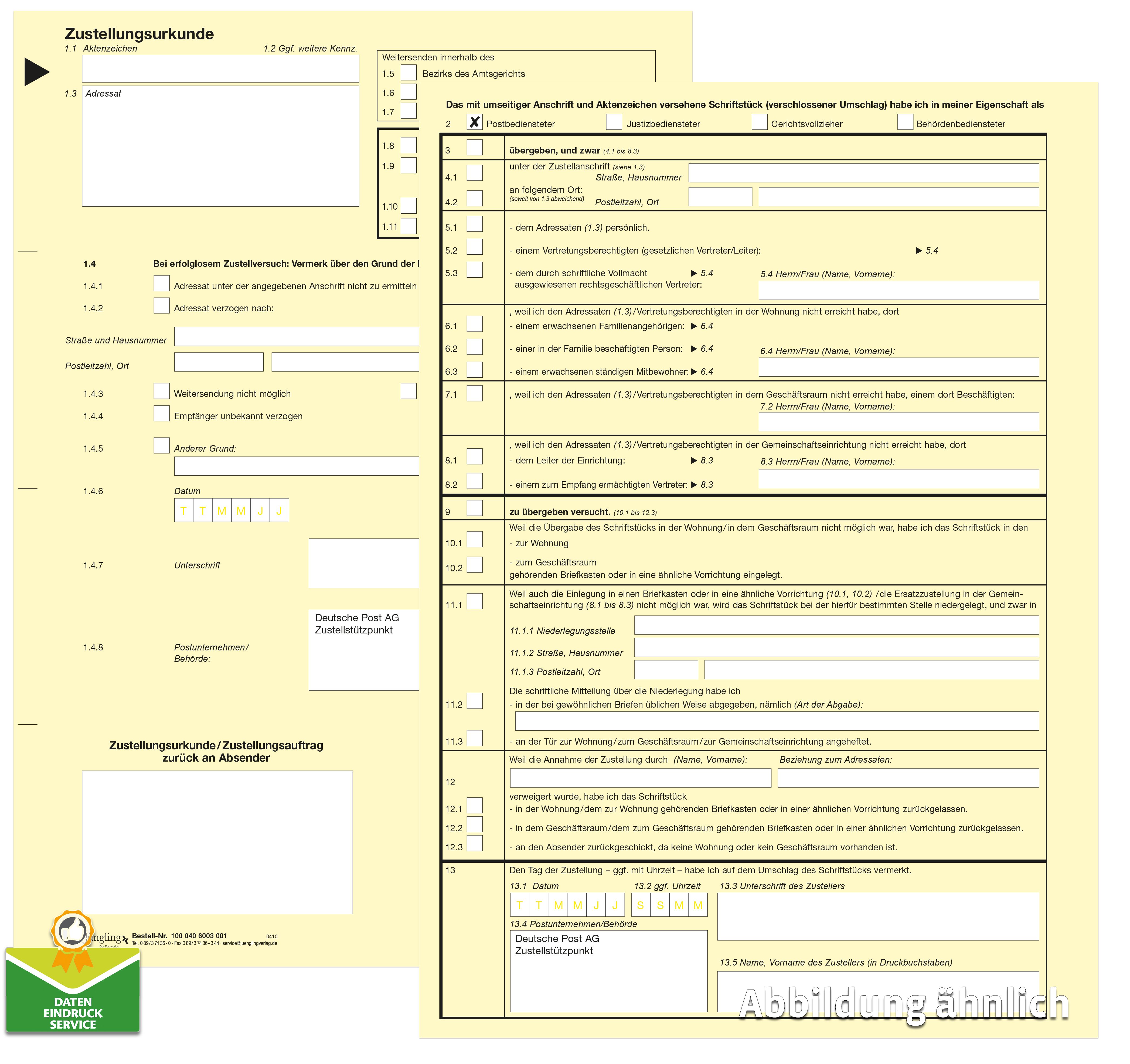 Zustellungsurkunde mit Eindruck Deutsche Post AG, A4, gelb, laserdruckergeeignet (ohne Barcode)