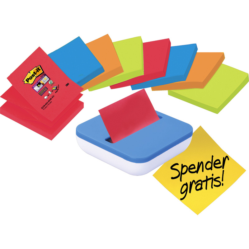 8 Blöcke Post-it® Haftnotizen Super Sticky Z-Notes, 76 x 76 mm, farbsortiert + Spender GRATIS
