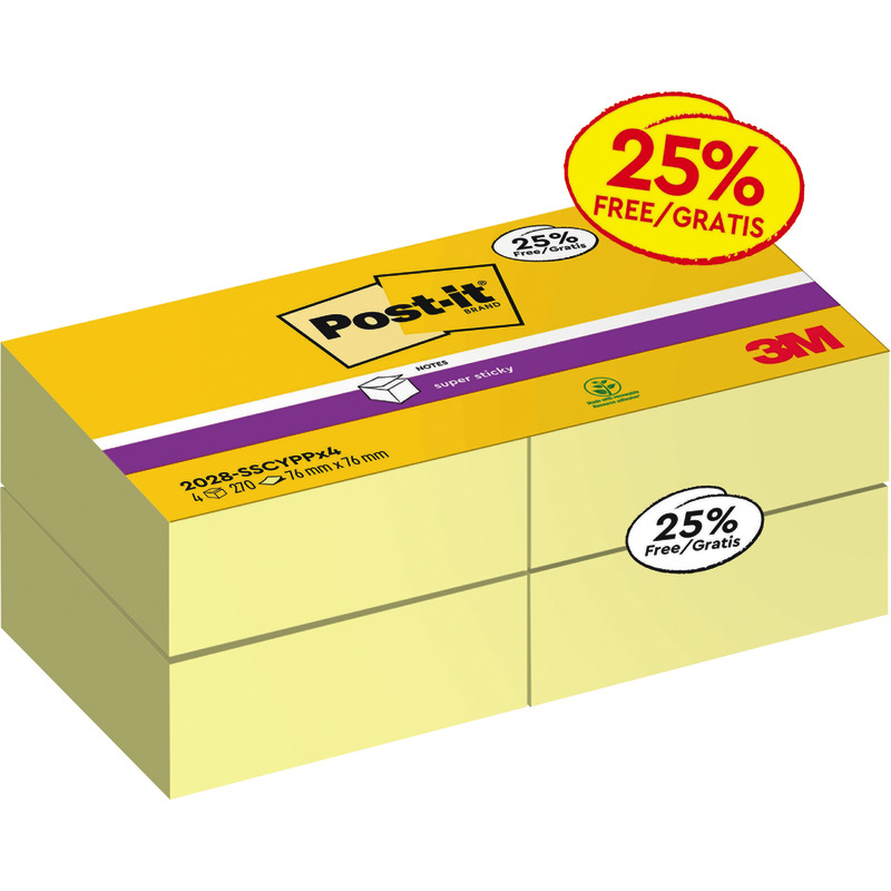 Post-it® Super Sticky Notes Würfel, Gelb, 76 mm x 76 mm, 270 Blatt/Block, 4 Blöcke/Packung,