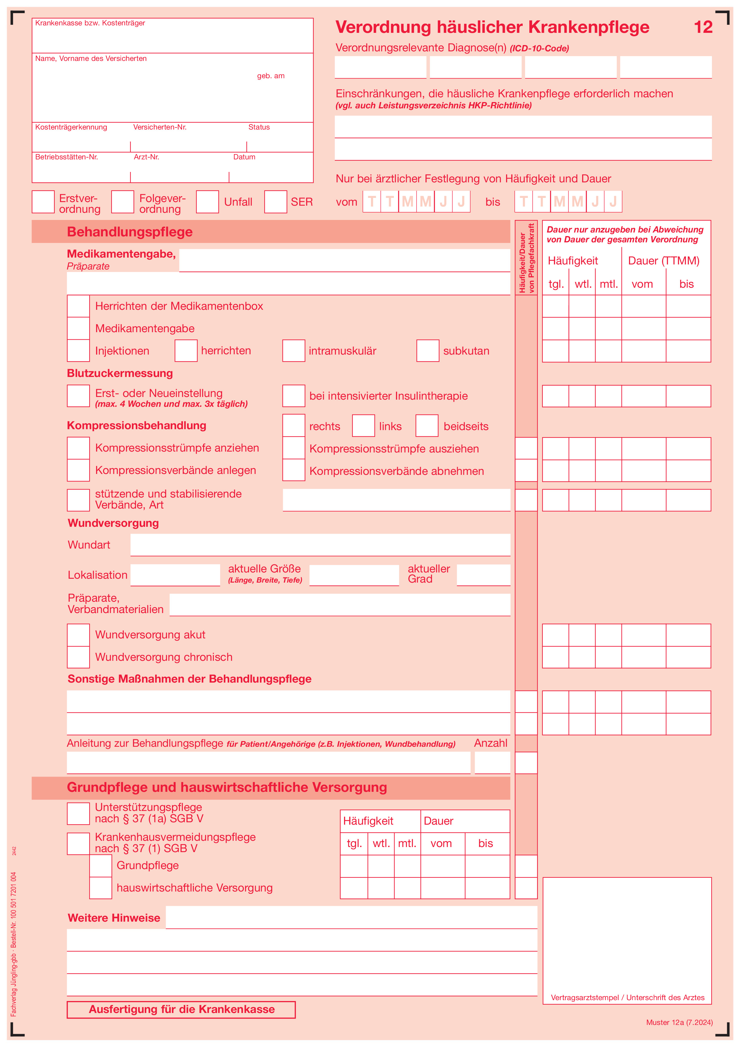 Verordnung häusliche Krankenpflege für Kassenpatienten, A4 3-fach, SD