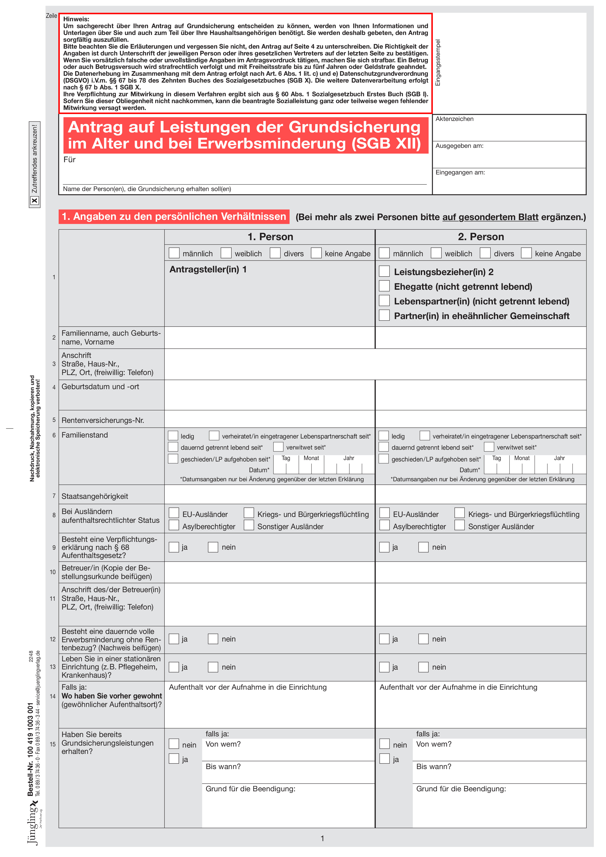 Antrag auf Grundsicherungsleistungen, A4, 8-seitig