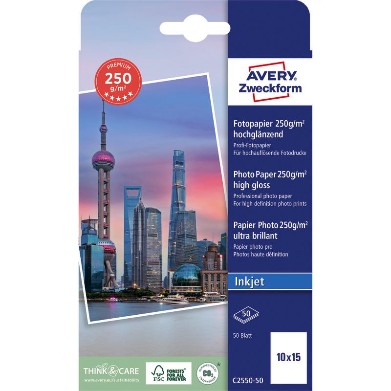 AVERY Zweckform Premium Inkjet Fotopapier, hochglänzend, 10 x15, 250 g/m², Packung: 50 Blatt