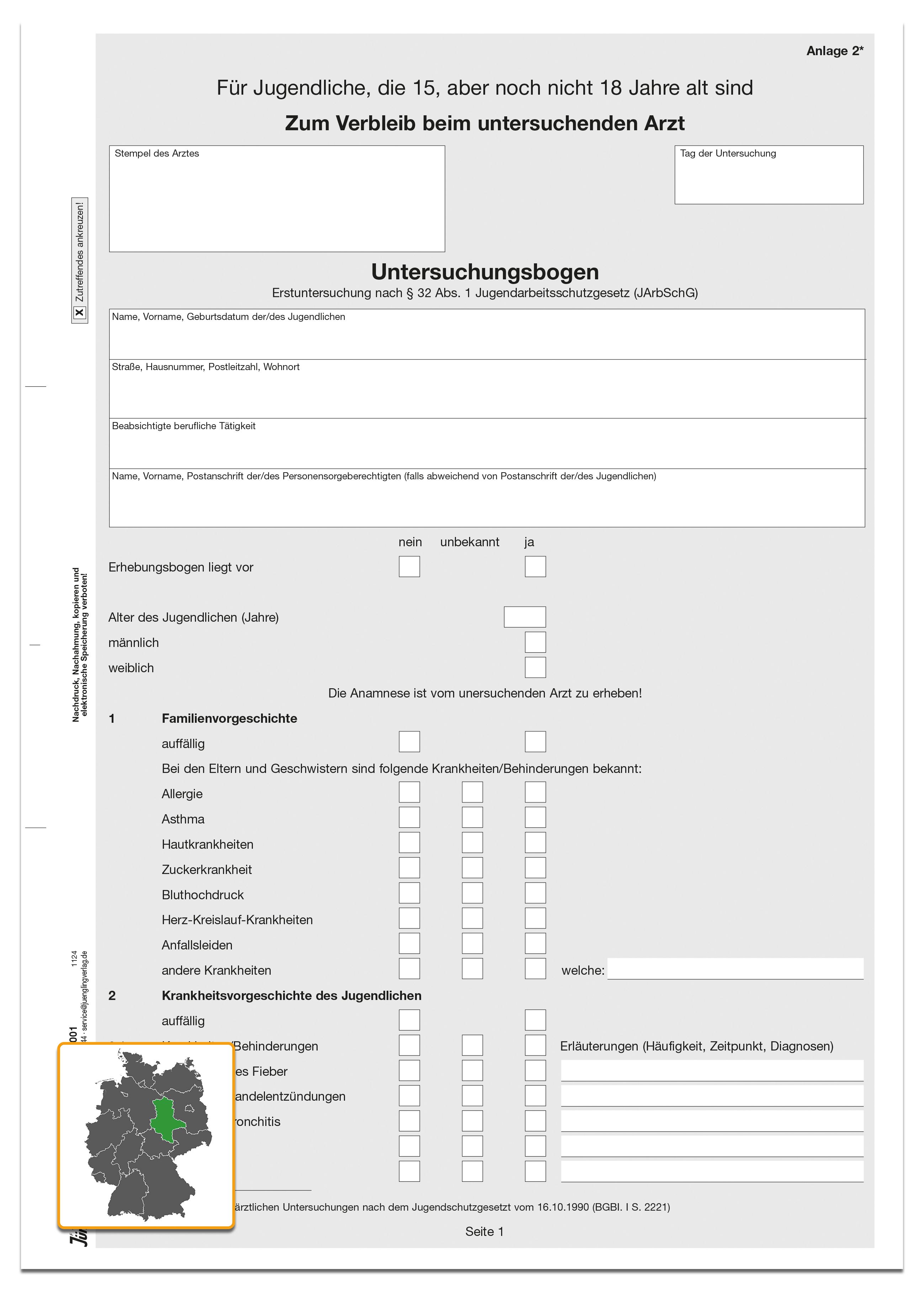 Untersuchungsbogen zur Erstuntersuchung, Anlage 2, DIN A4, 3 Blatt