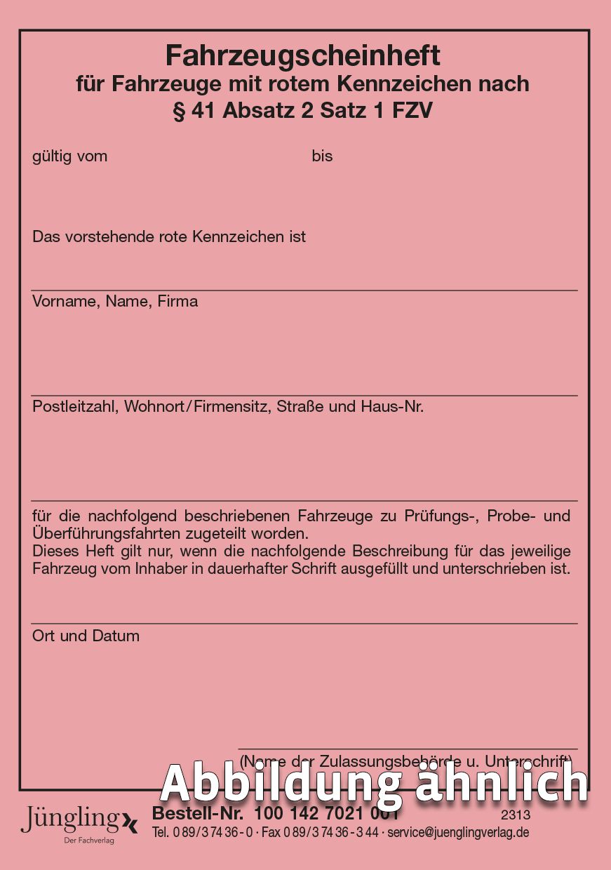 Fahrzeugscheinheft Rotes Dauerkennzeichen, A7, 24-seitig, klammergeheftet, VKE à 25