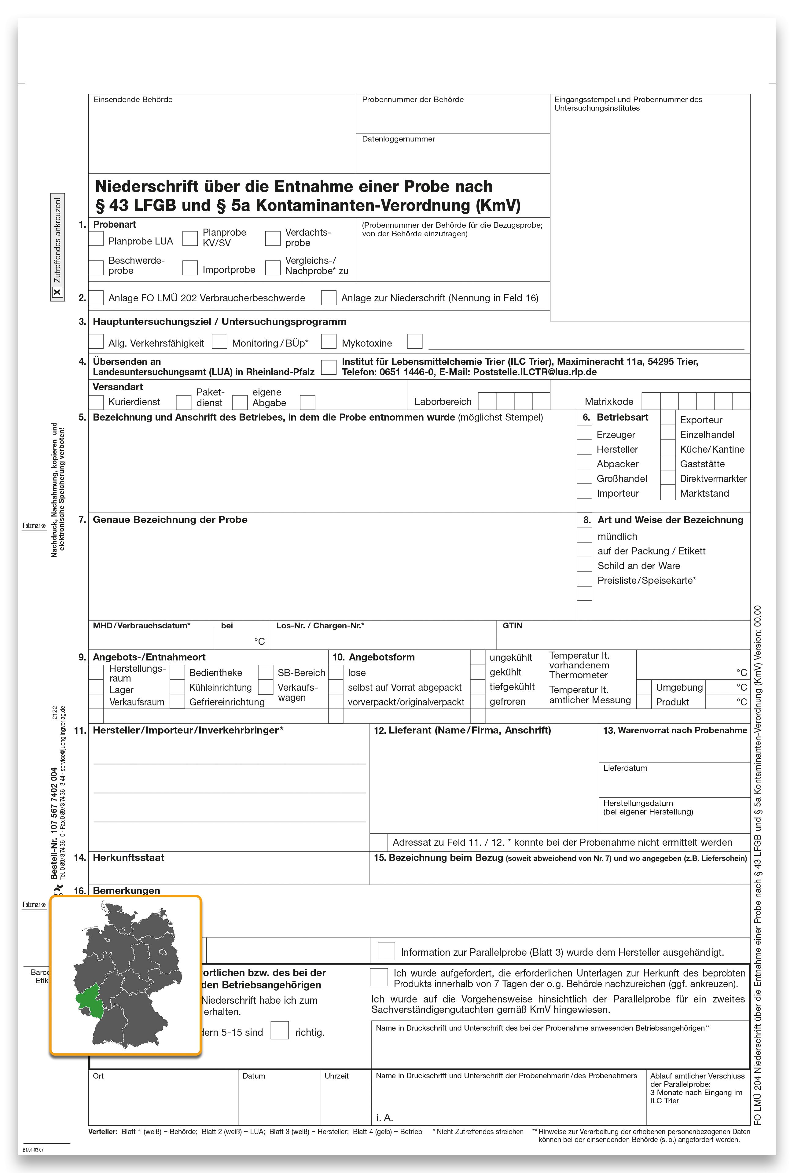 Lebensmittel-Probenahmeniederschrift, § 43 LFGB und § 5a Kontaminanten-Verordnung (KmV) A4, 4fach, SD