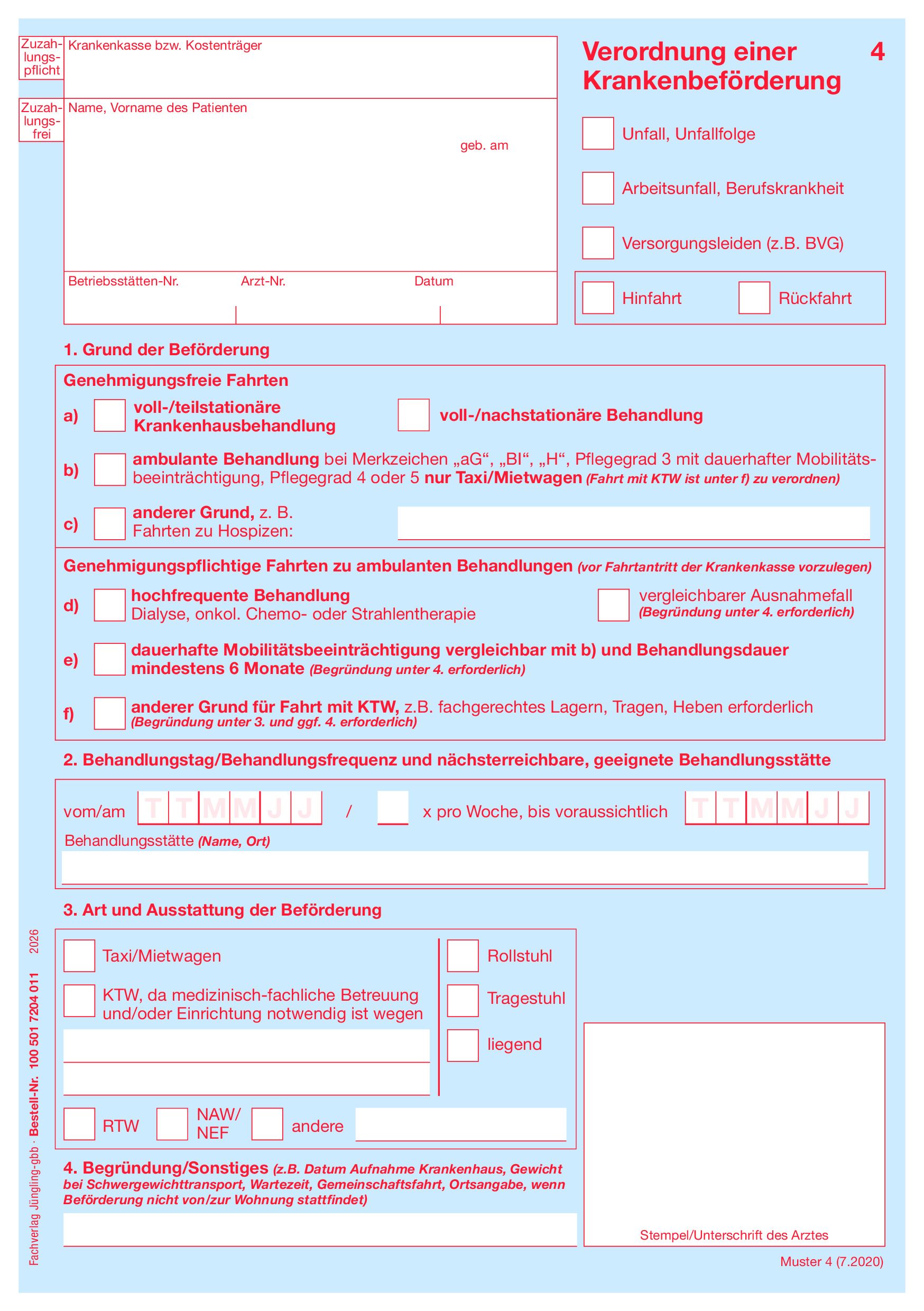 Verordnung einer Krankenbeförderung für Privatärzte, DIN A5