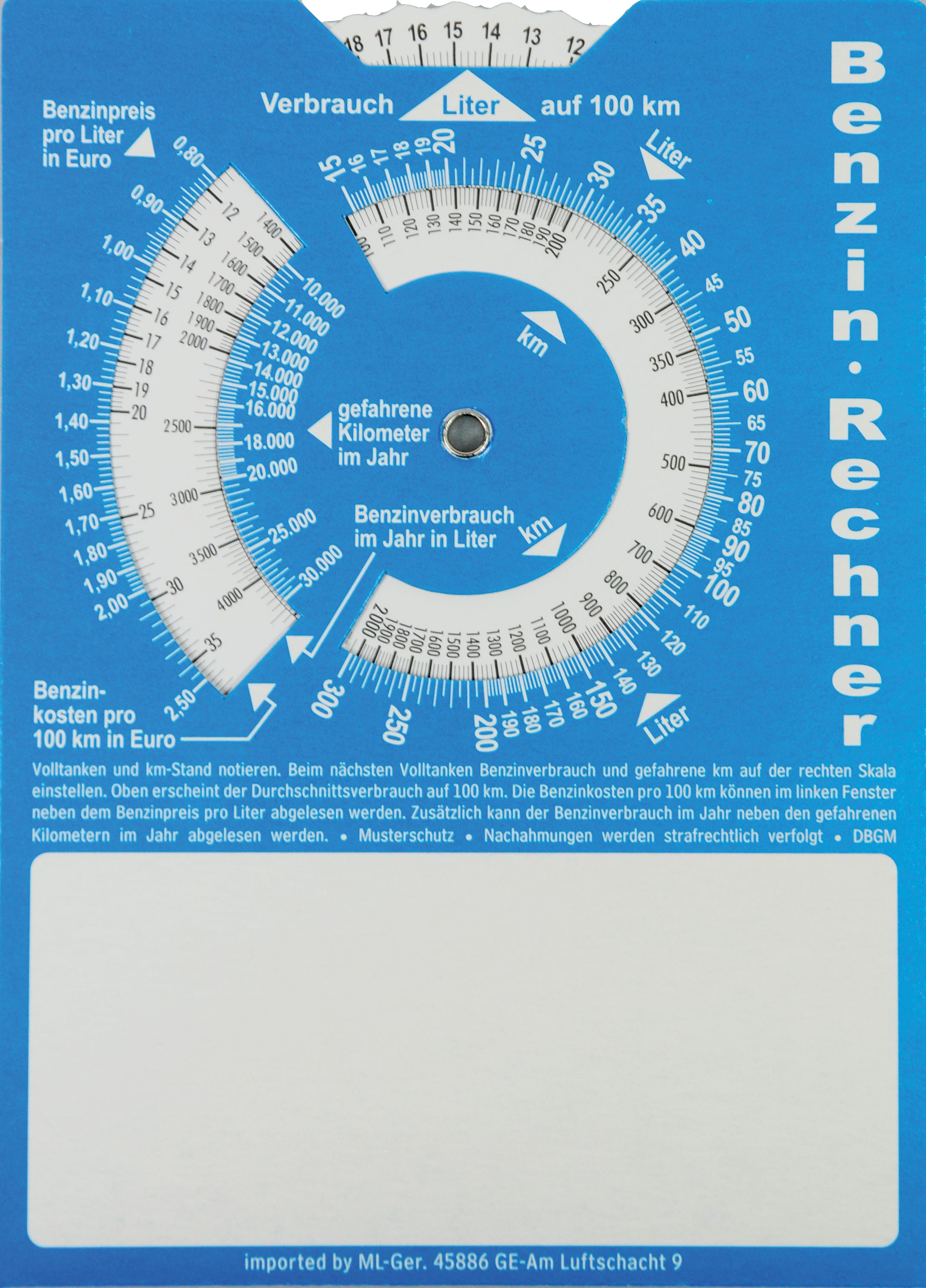 Parkscheibe, Pappe blau, Rückseite Benzinrechner