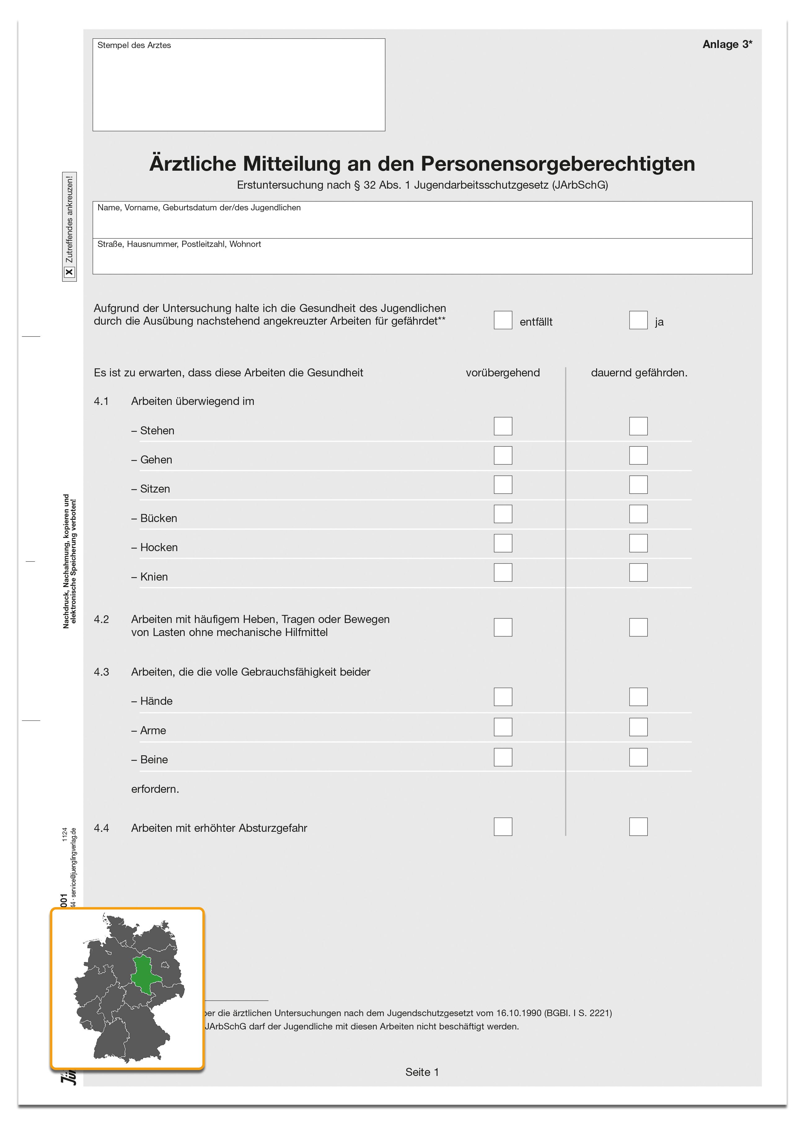 Ärztliche Mitteilung an Personensorgeberechtigten zur Erstuntersuchung, Anlage 3, A4