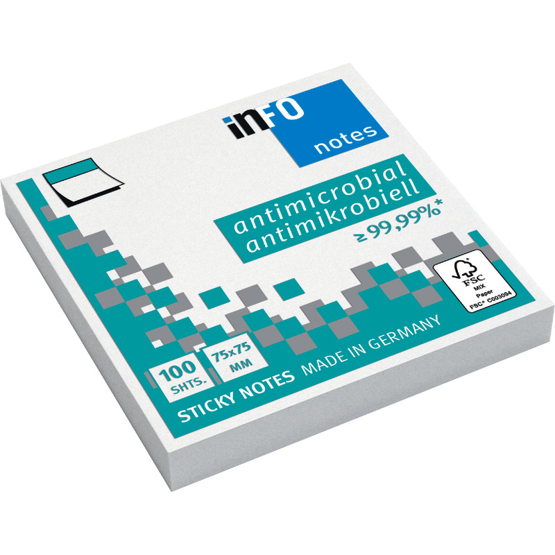 INFO NOTES Antimikrobielle Haftnotizen, 75 x 75 mm, 100 Blatt - weiß