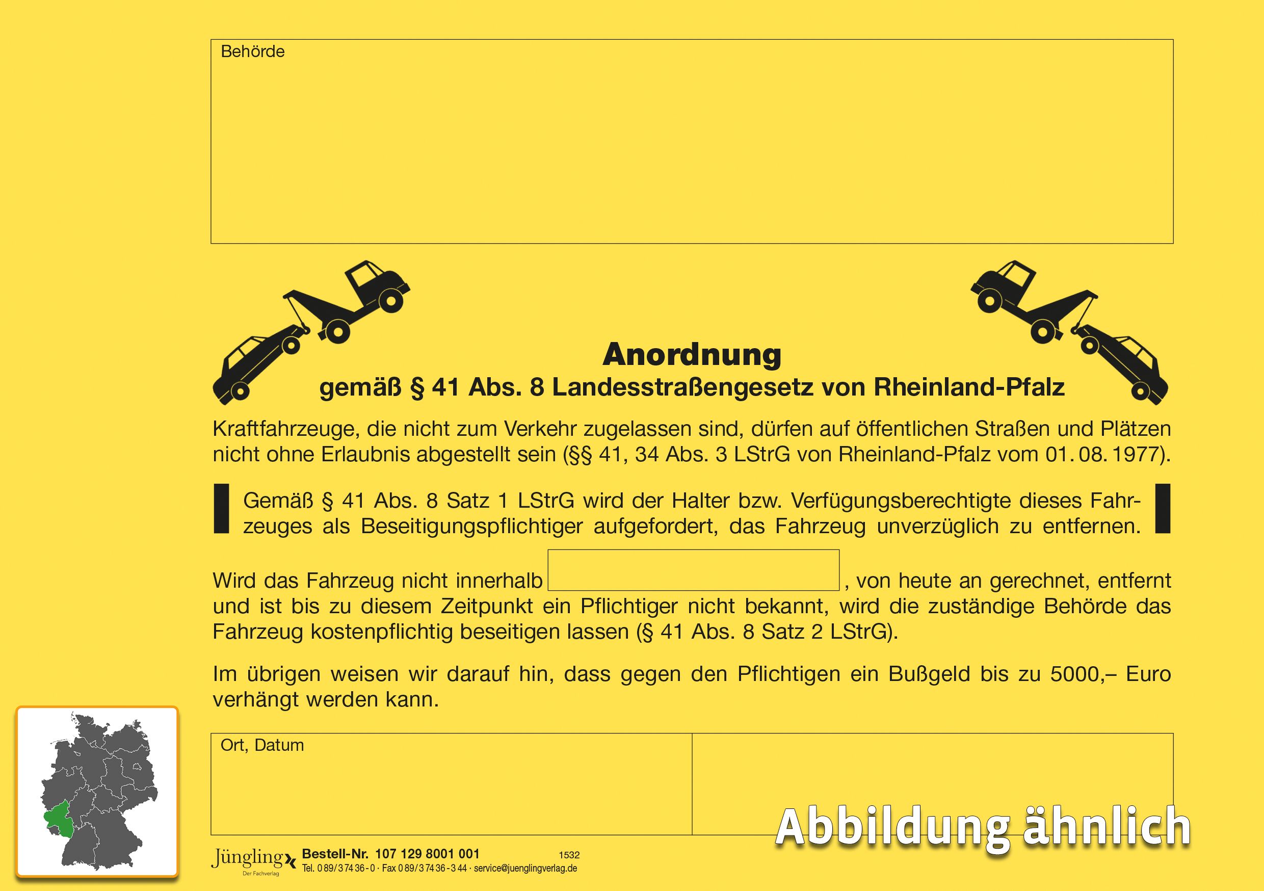 Anordnung (Aufkleber), §§ 41/34 Abs. 3 LStrG. RHP, A5, 2seitig, orange