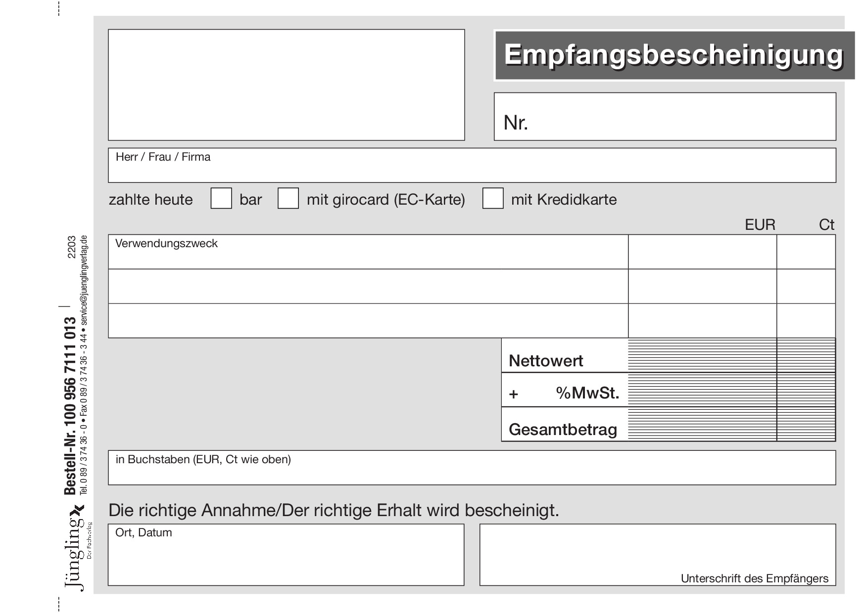 Quittung für mehrere Forderungen (mit MwSt), mit laufender Nummer, Block, A6, 50 Satz, 3-fach