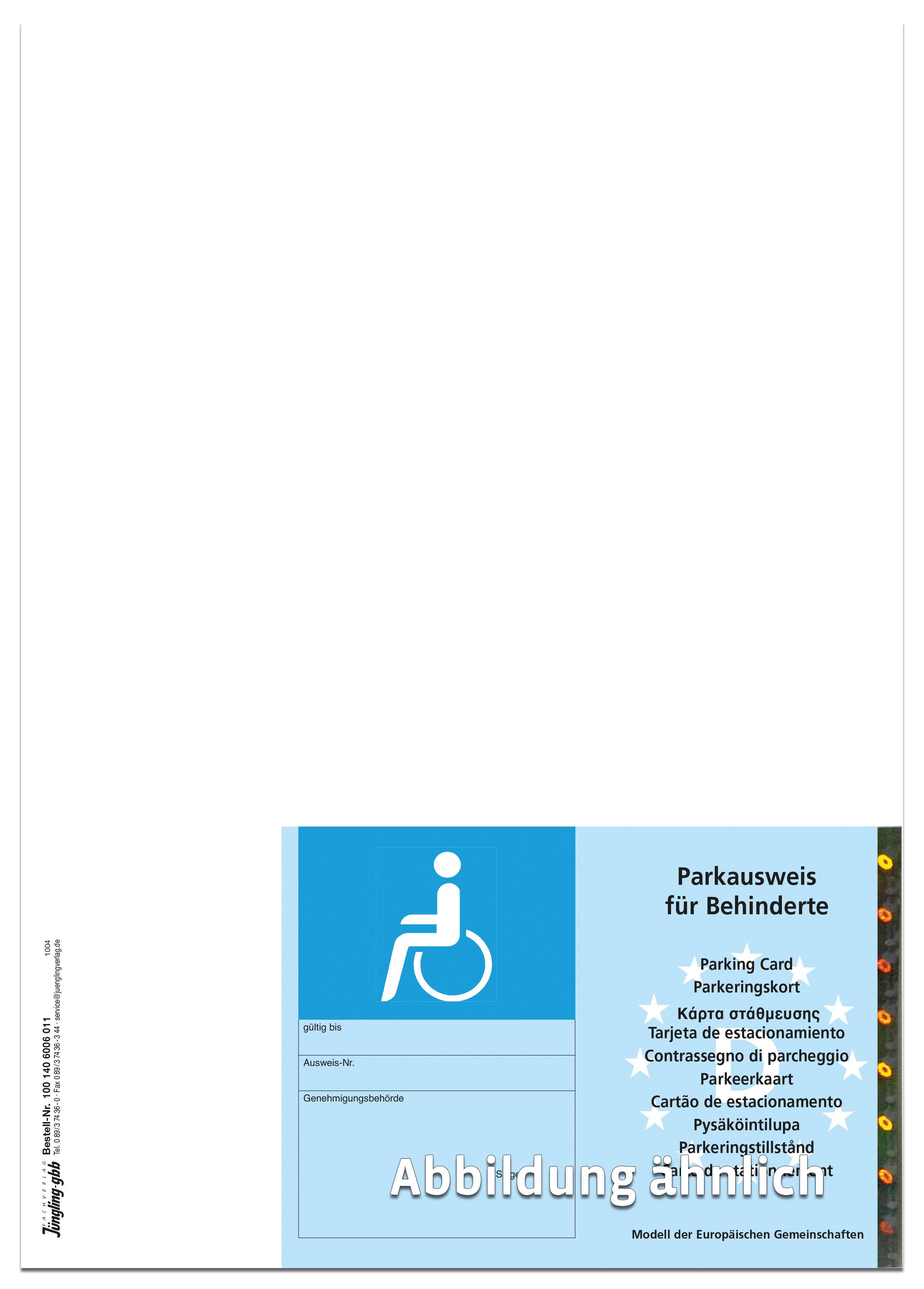 Parkausweis für Schwerbehinderte, EU-Modell, mit abtrennbarem Parkausweis, Hologramm, blau, A4