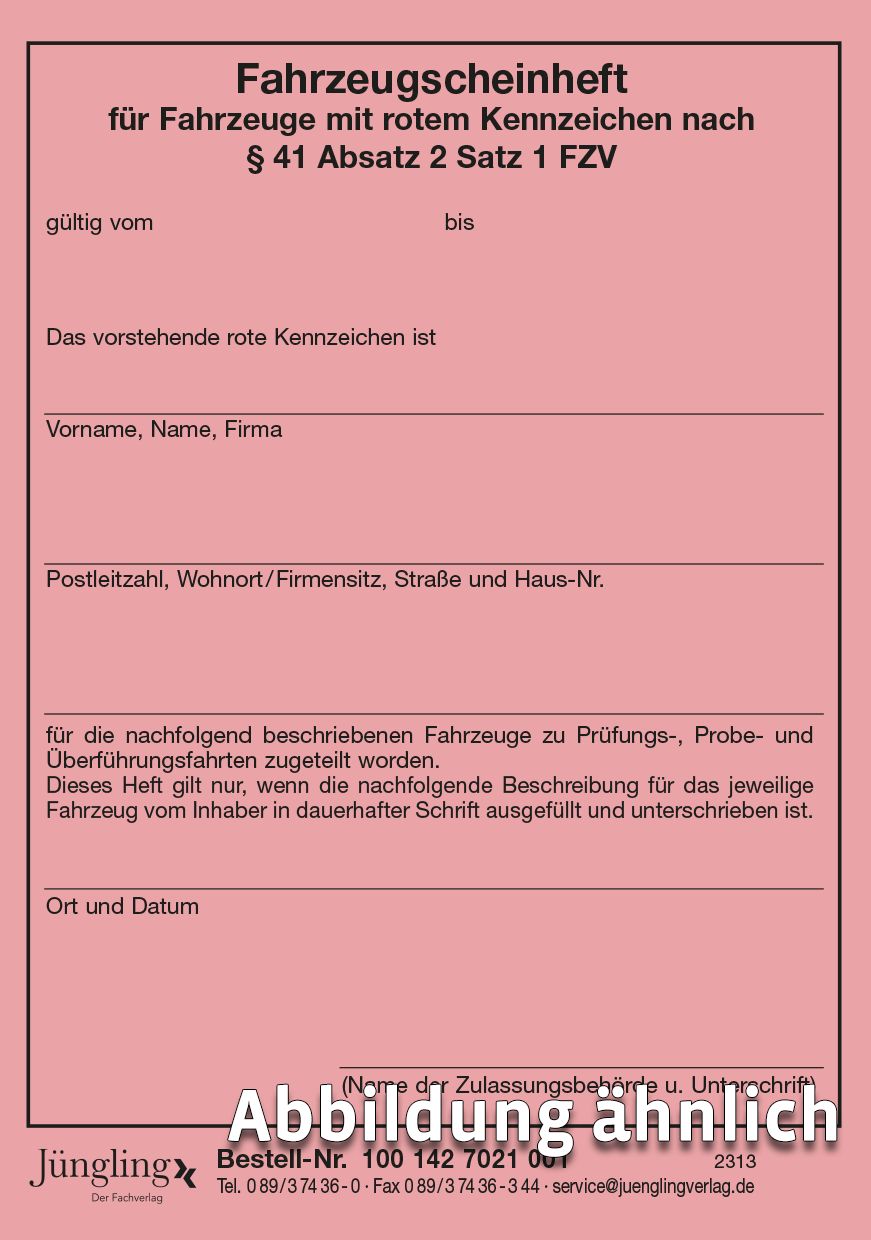 Fahrzeugscheinheft Rotes Dauerkennzeichen, A7 Neobond, 4/20seitig, manuell, klammergeheftet