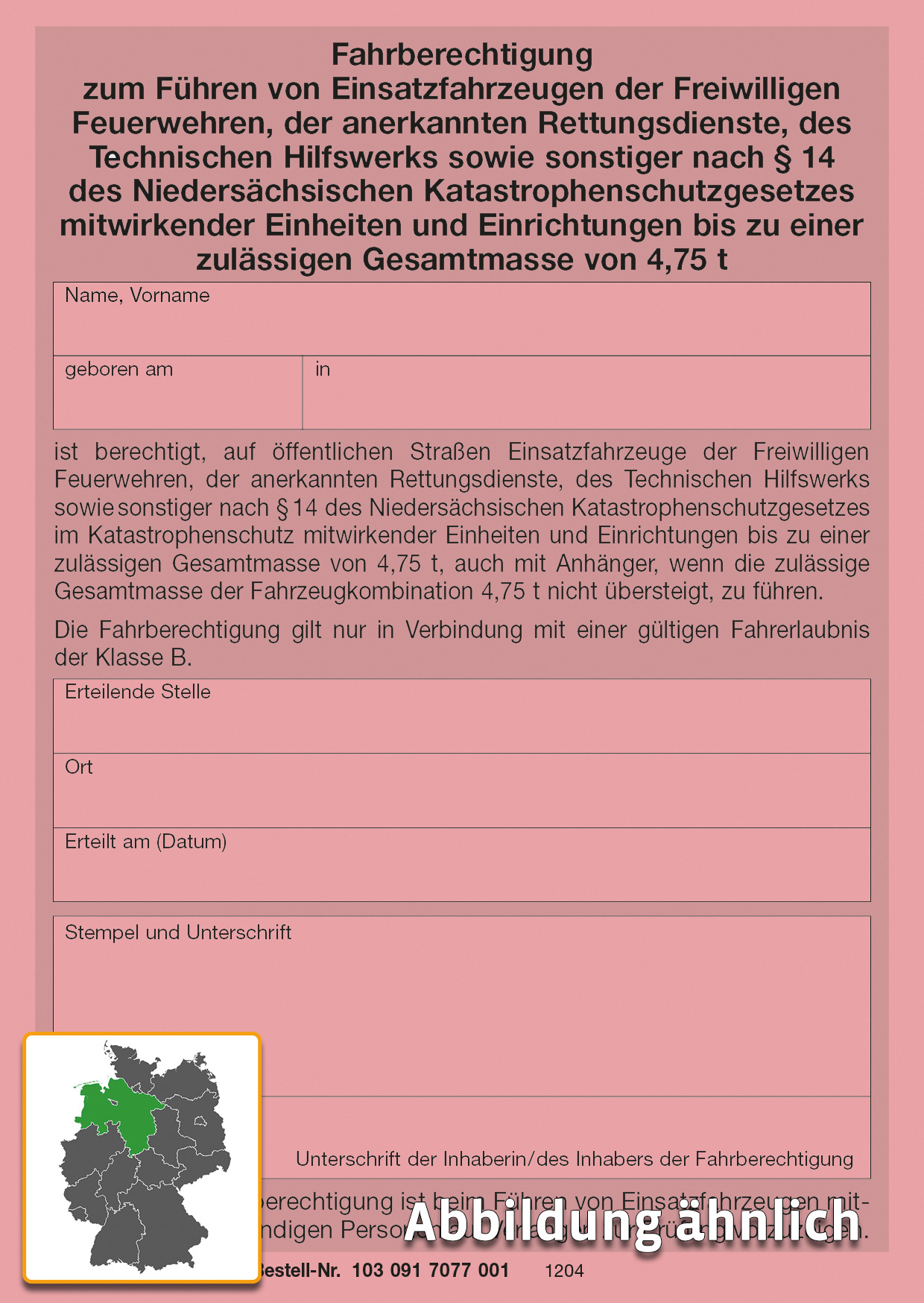 Fahrberechtigung zum Führen von Einsatzfahrzeugen bis 4, 75 t (NS), neobond rosa, DIN A6