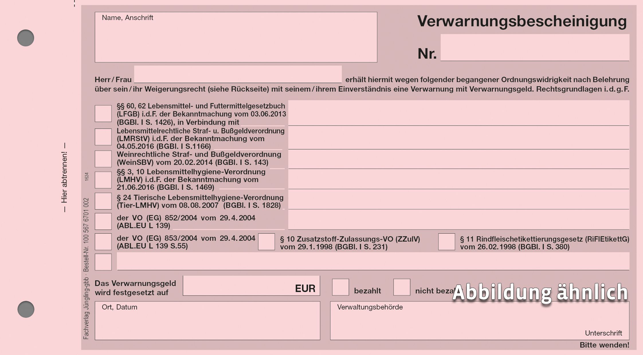 Verwarnungsbescheinigung Lebensmittelüberwachung, Durchschlag, rosa/weiß
