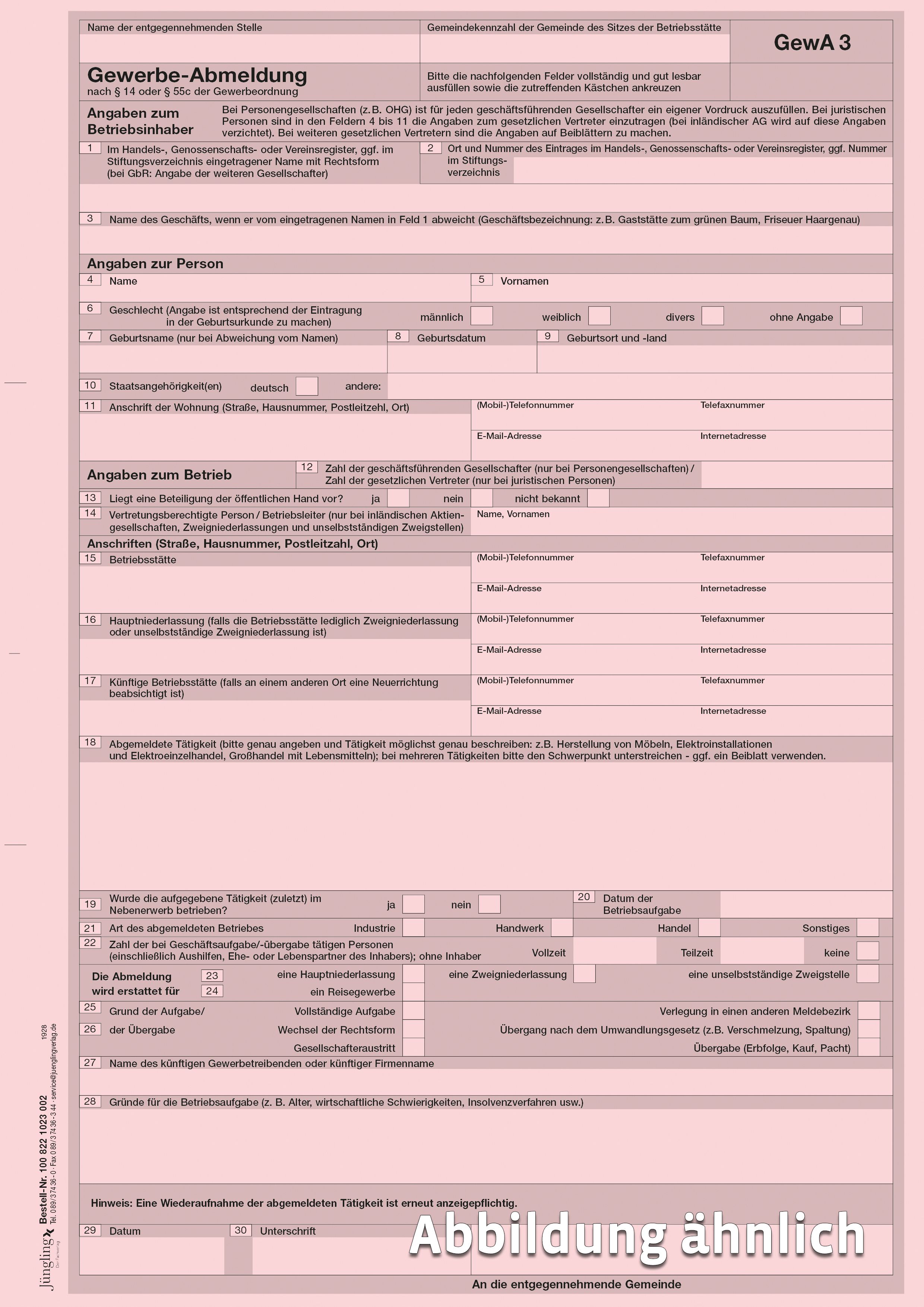 GewA 3 (Gewerbeabmeldung) Formular, A4 2-fach