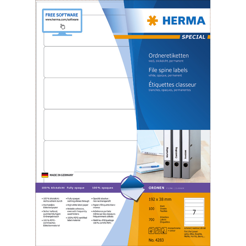 HERMA Ordneretiketten 4283, PC-bedruckbar, schmal / kurz, weiß, B x H: 38 x 192 mm, Pack: 700 Stück HERMA Ordneretiketten 4283, PC-bedruckbar, schmal / kurz, weiß, B x H: 38 x 192 mm, Pack: 700 Stück