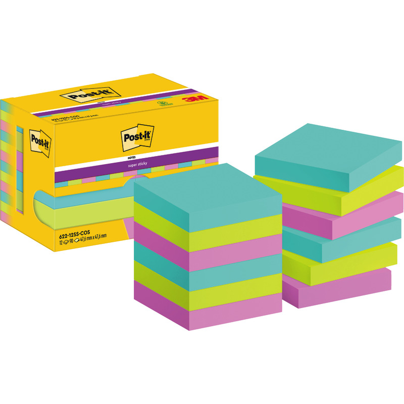 Post-it® Super Sticky Notes, 47.6 mm x 47.6 mm, 90 Blatt/Block, 12 Blöcke/Packung - Playful bunt