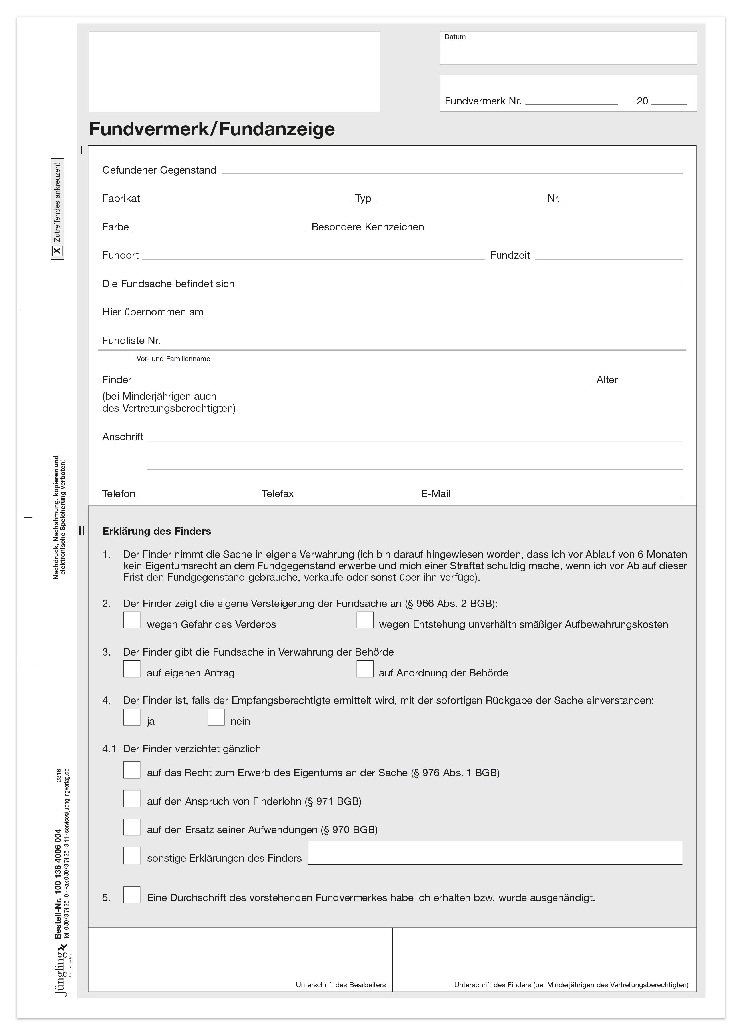 Fundvermerk mit Fundanhänger, 4-fach selbstdurchschreibend, A4 Fundvermerk mit Fundanhänger, 4-fach selbstdurchschreibend, A4