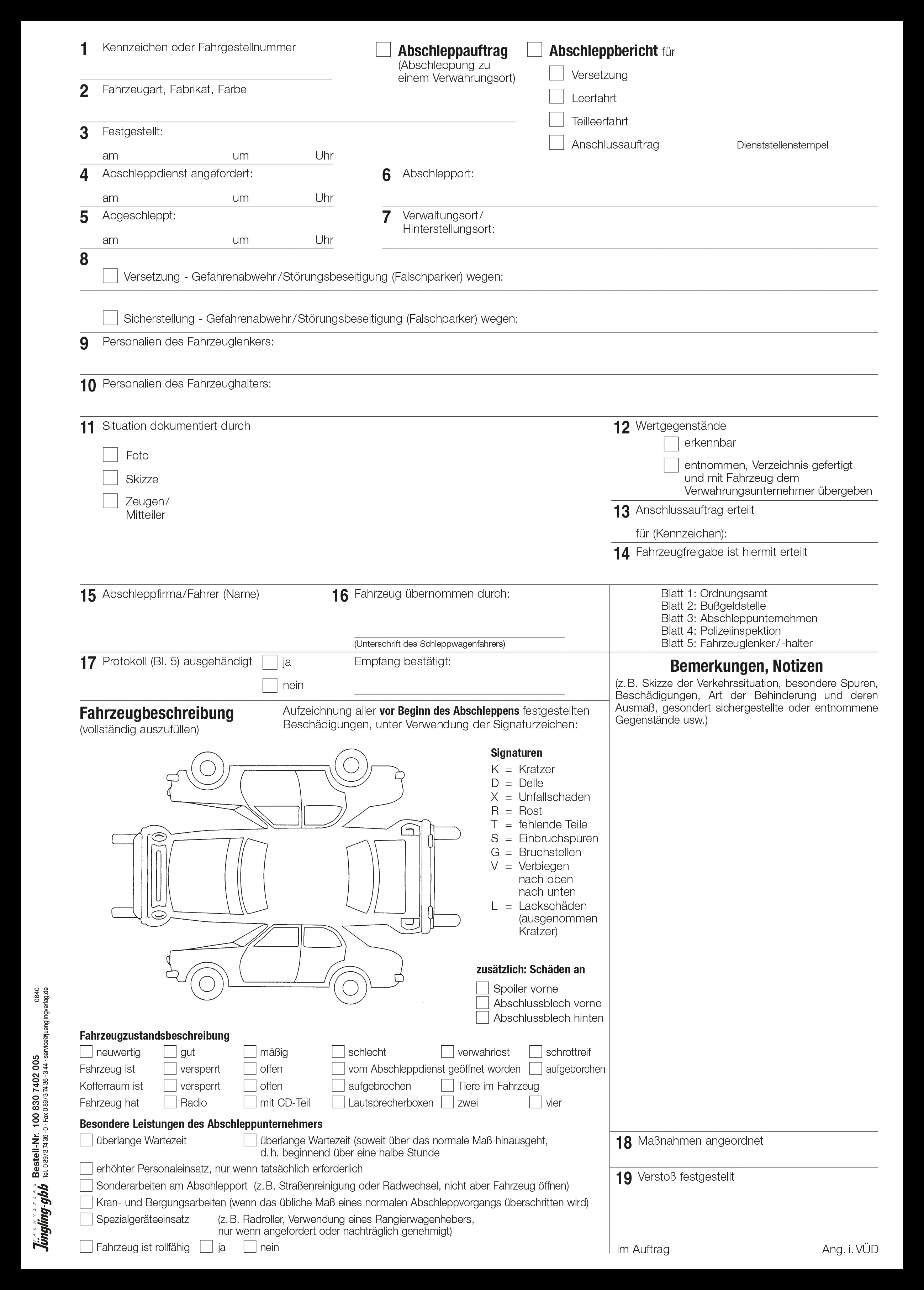 Abschleppauftrag / -bericht, A4, 5fach, SD