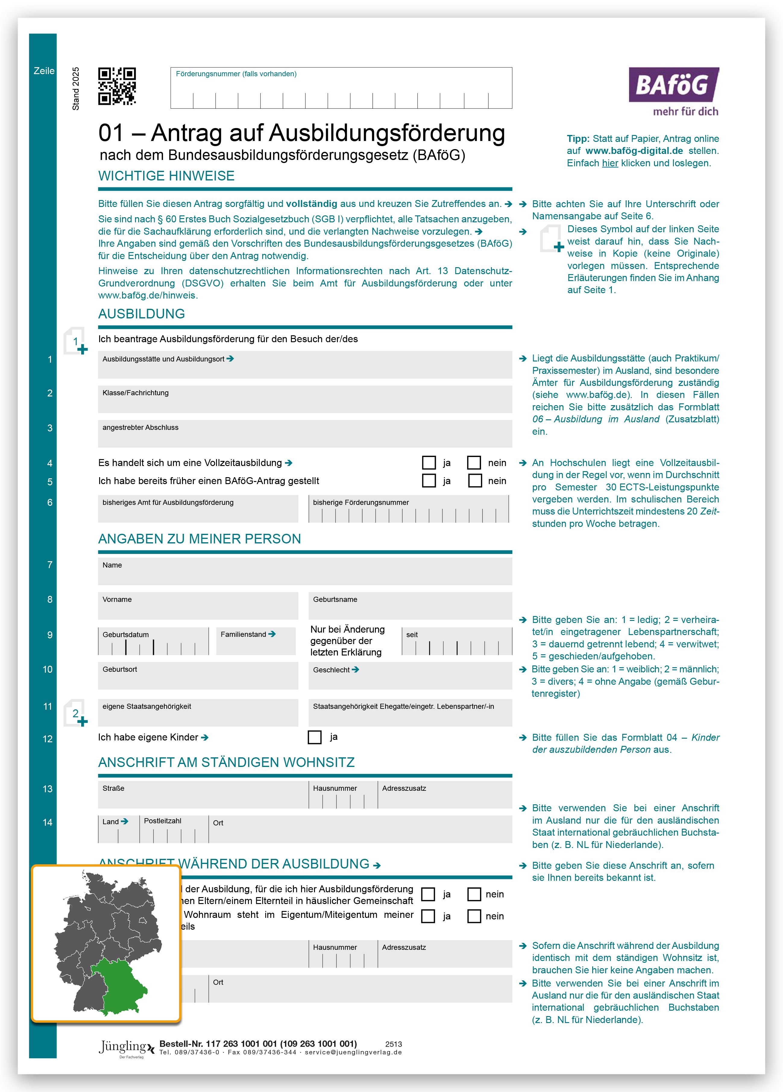 Formblatt 01 - Antrag auf Ausbildungsförderung, 8-seitig mit Perfo