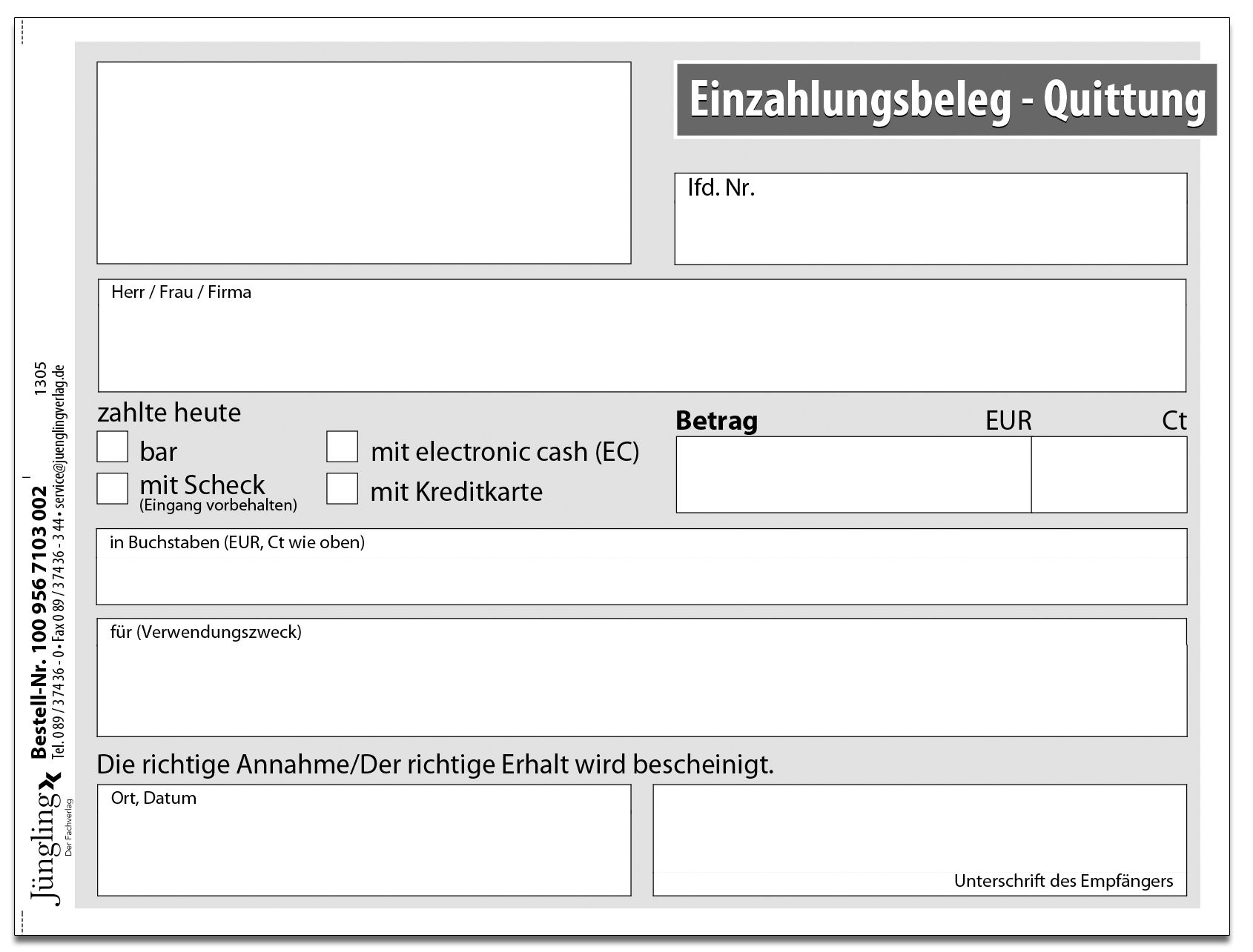 Quittung für eine Forderung, Block A6, 50 Satz, 2-fach