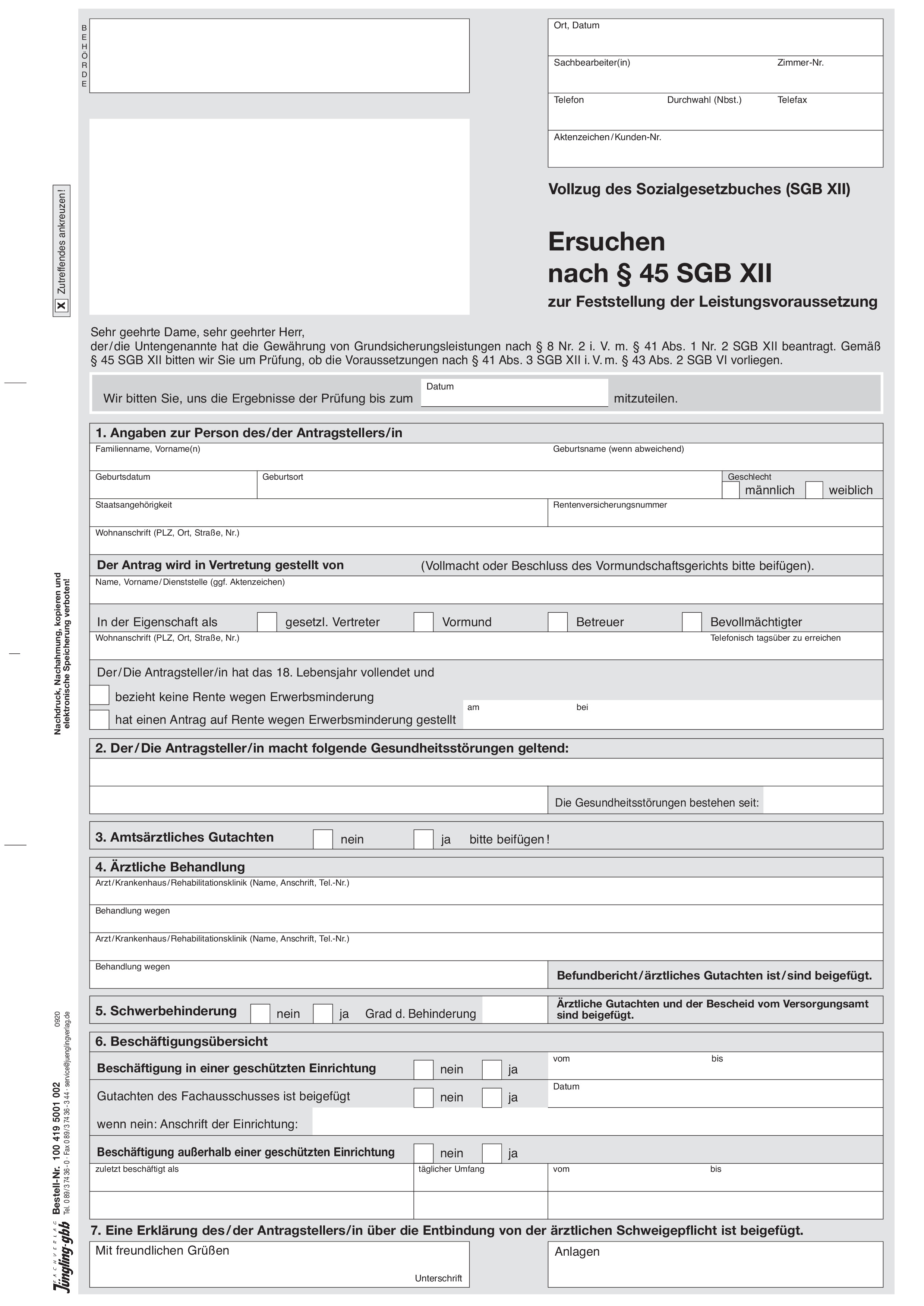 Ersuchen nach § 45 Abs. 1 SGB XII zur Feststellung der Leistungsvoraussetzungen, A4 2-fach