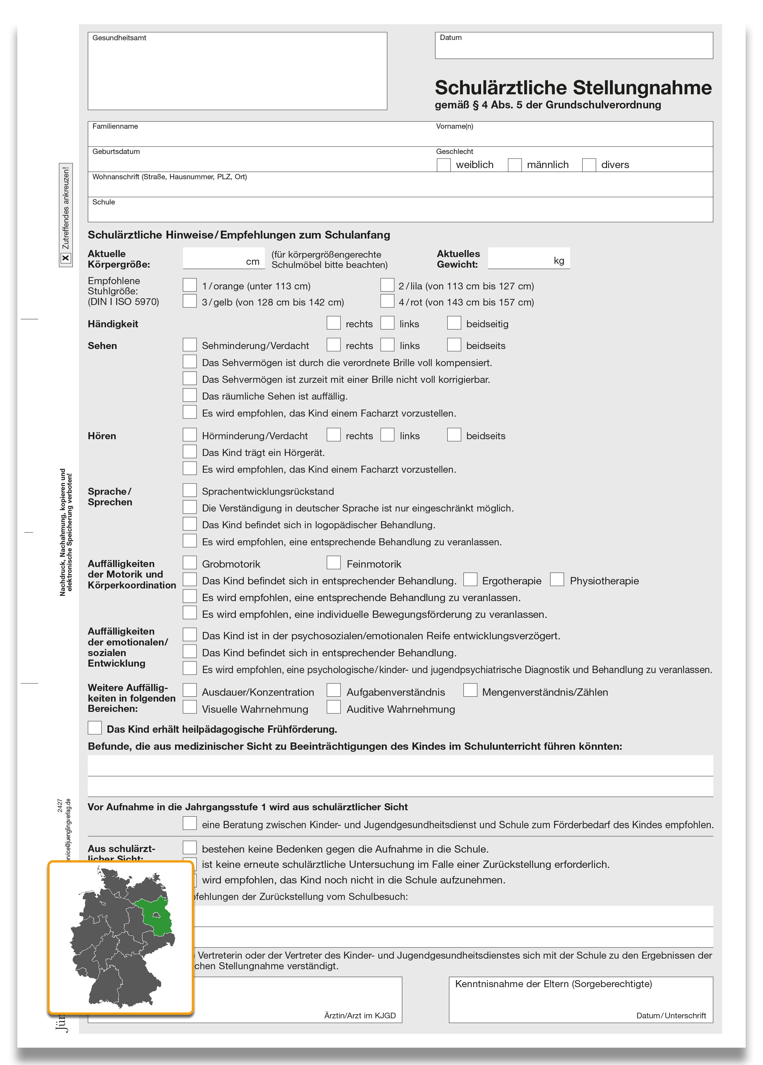 Schulärztliche Stellungnahme § 4 Grundschulverordnung, 3-fach