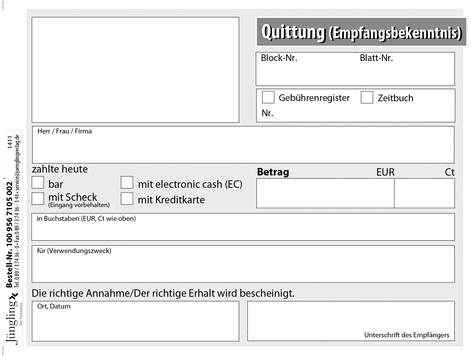 Quittung für eine Forderung mit Block-/ Blatt-Nr., Block, A6, 50 Satz, 2-fach