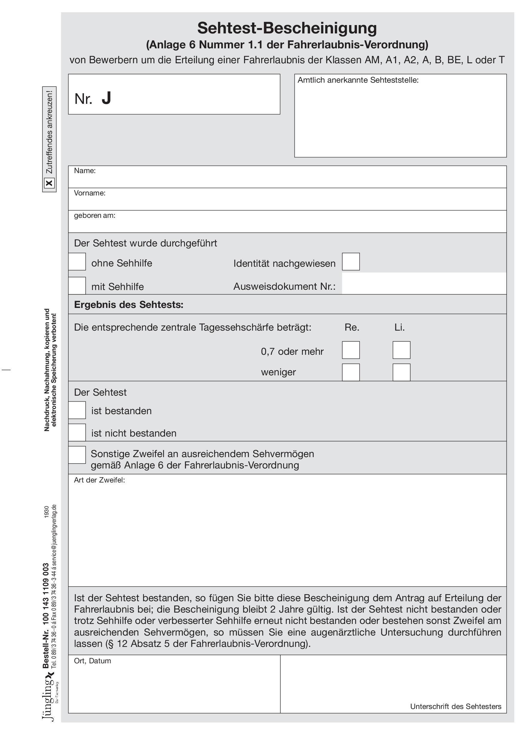 Sehtest-Bescheinigung gemäß § 12 Abs. 2 FeV, A5, 3-fach