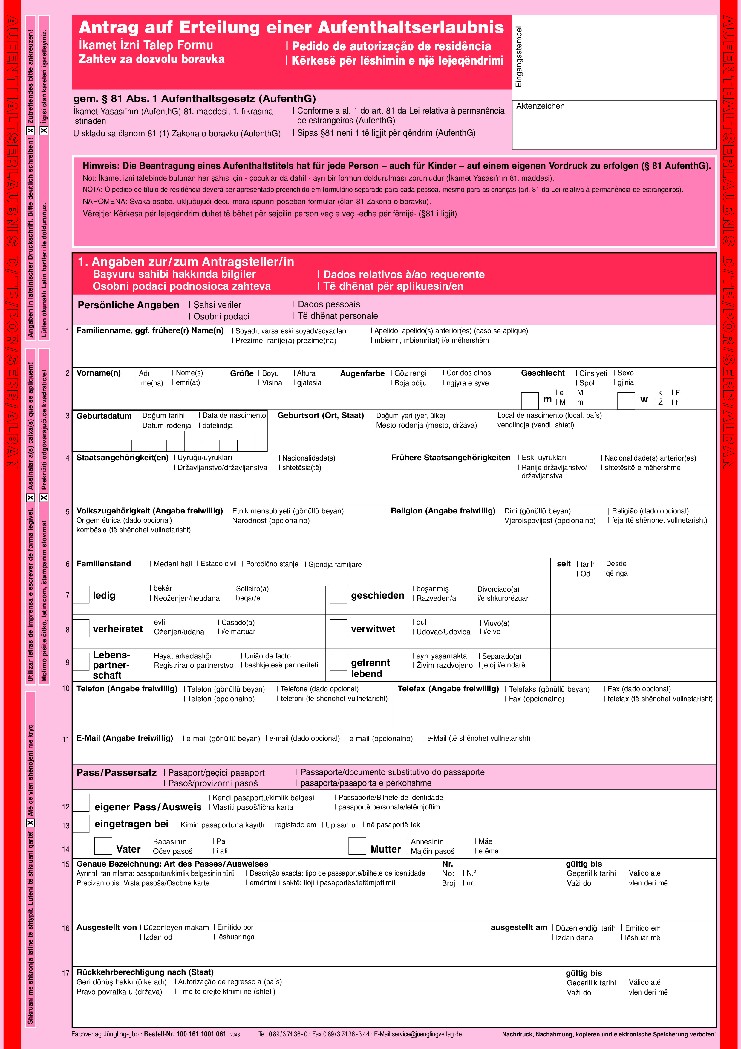 Antrag auf Erteilung einer Aufenthaltserlaubnis, mehrsprachig, 12-seitig