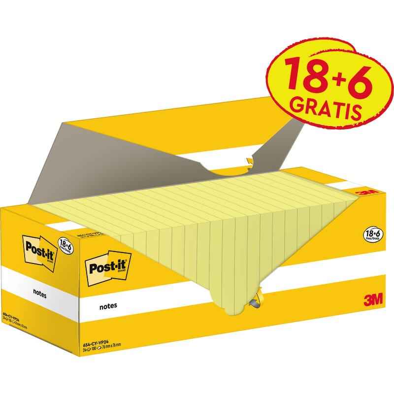 Post-it® Notes, Gelb, 76 mm x 76 mm, Promotion, 100 Blatt/Block, 18 Blöcke + 6 Gratis/Packung