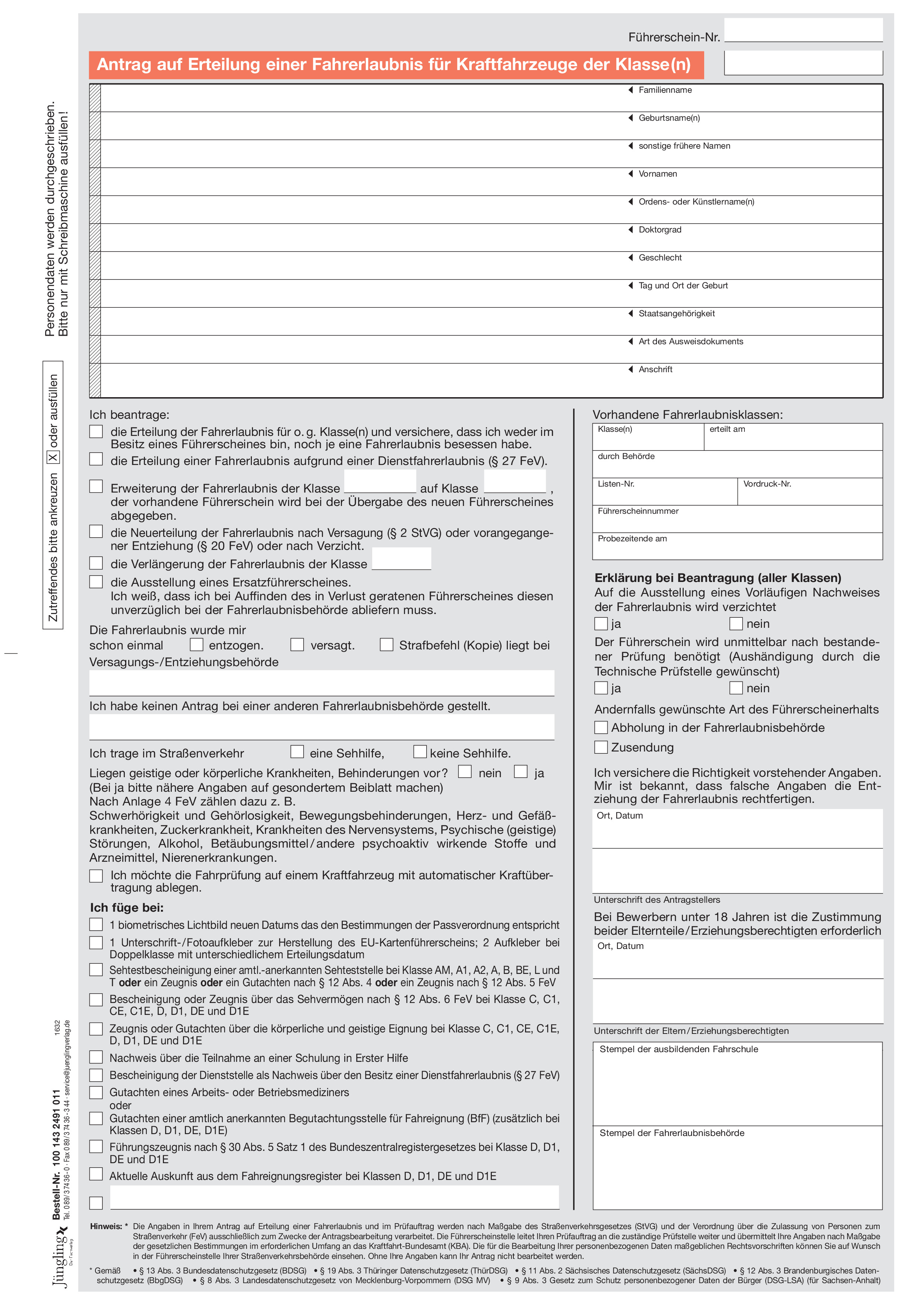 Antrag auf Erteilung/Erweiterung/Verlängerung einer Fahrerlaubnis/Ausstellung Ersatzführerschein, A4, 2-seitig