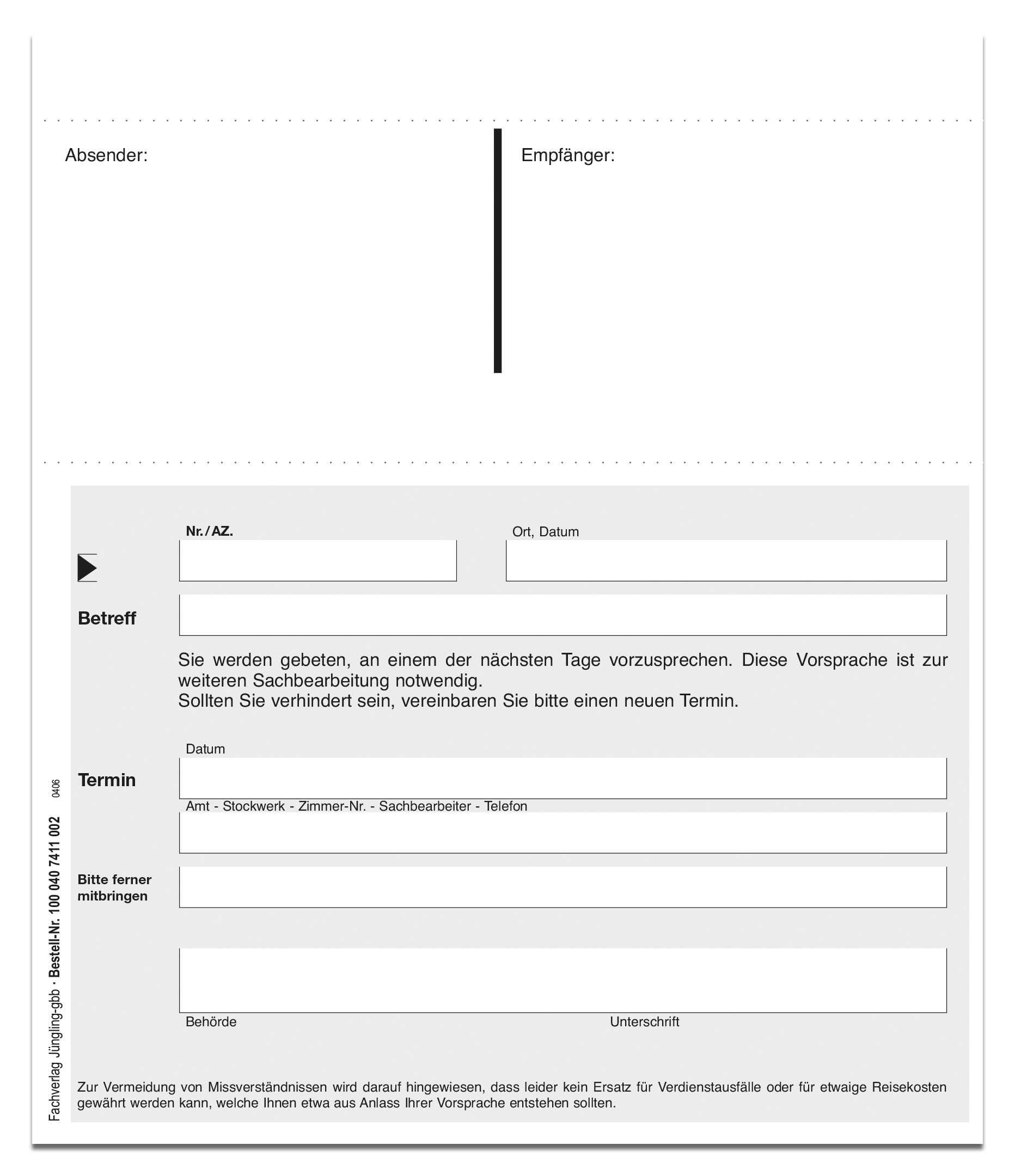 Terminvereinbarung, Postkarte mit Durchschlag