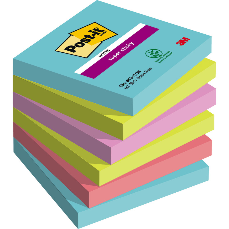 Post-it® Super Sticky Notes, 76 mm x 76 mm, 90 Blatt/Block, 6 Blöcke/Packung - Cosmic
