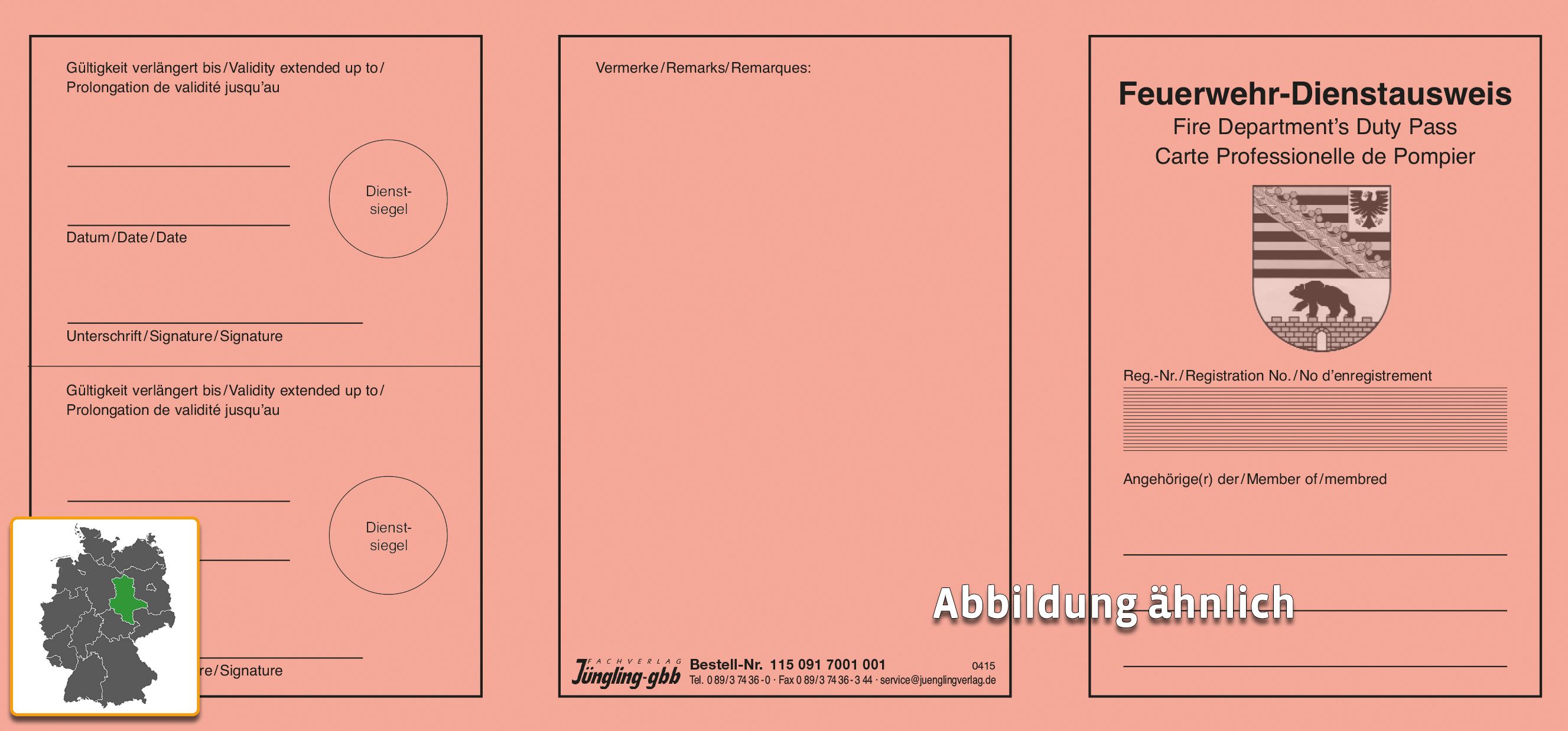 Feuerwehrdienstausweis, 3-sprachig, Wappen Sachsen-Anhalt, DIN lang, Pretex rot