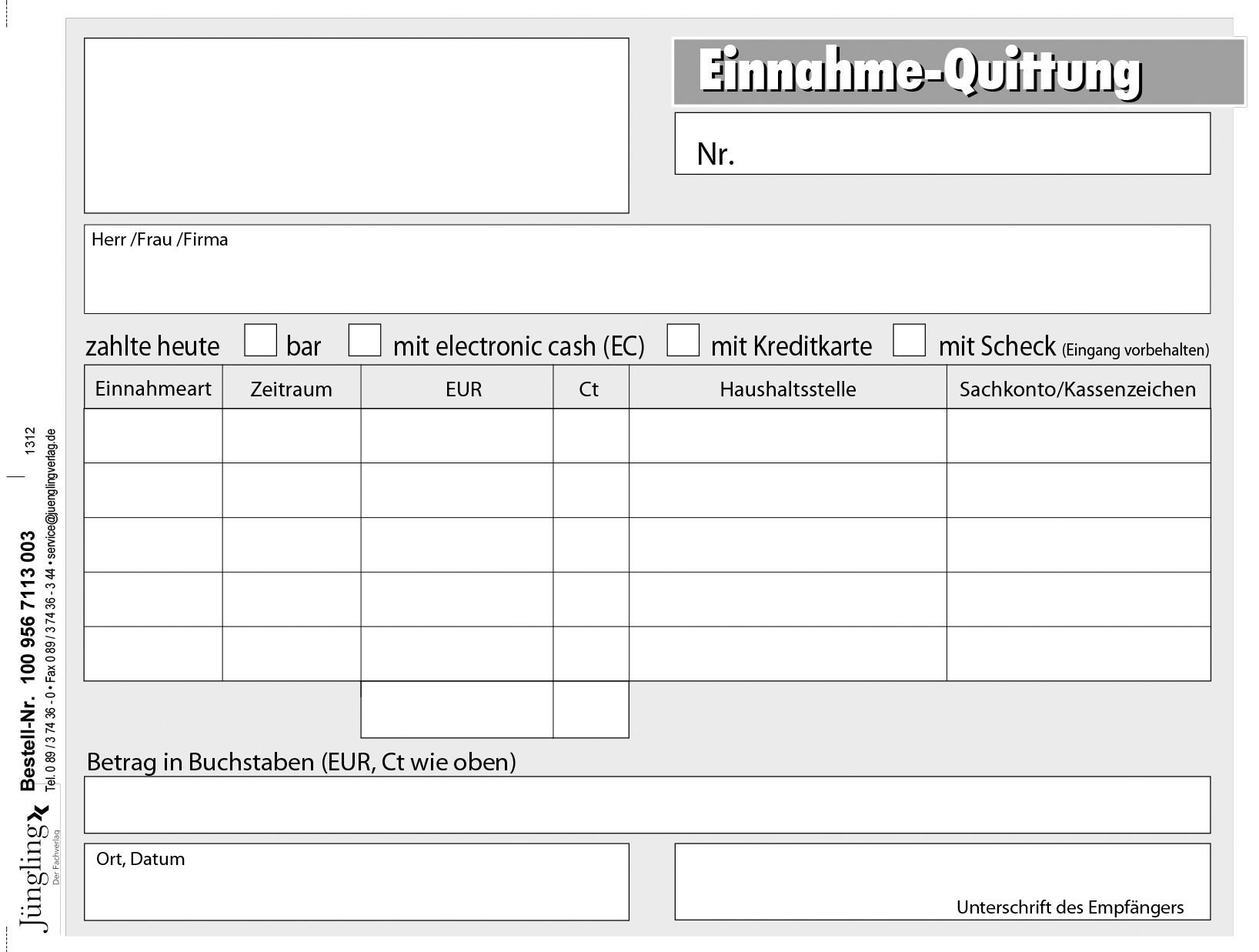 Quittung für mehrere Forderungen, mit laufender Nummer, mit Haushaltsstelle, Block, A6, 50 Satz, 3-fach