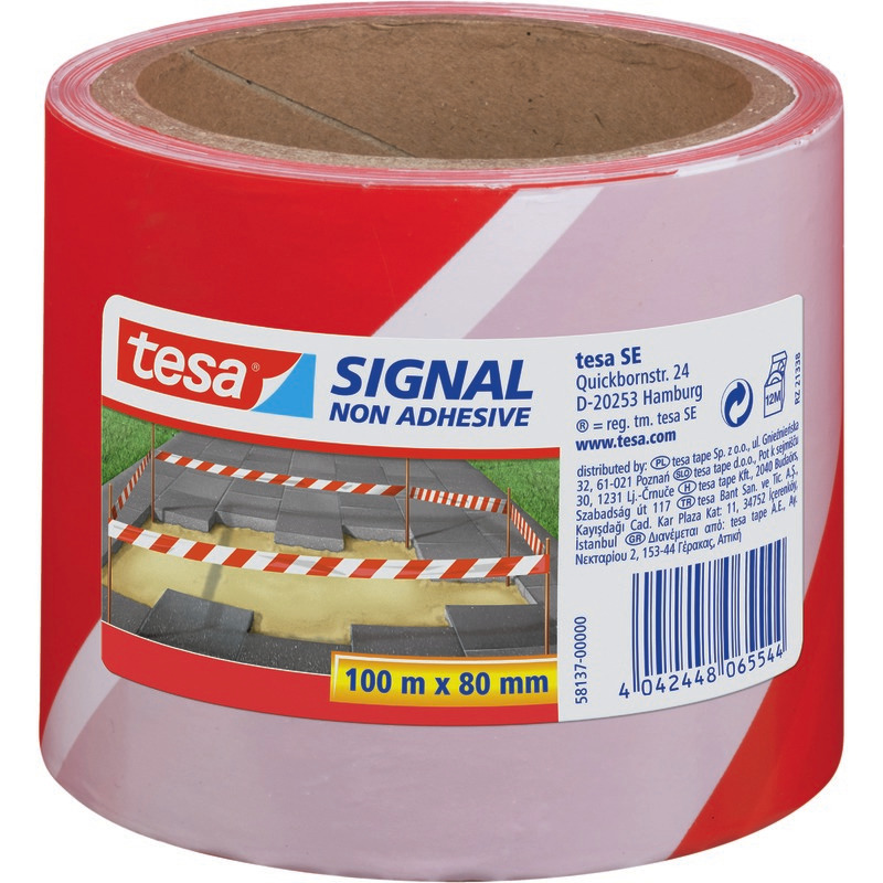 tesa® Signal Absperrband, nicht klebend, rot/weiß, 100 m x 80 mm - rot / weiß