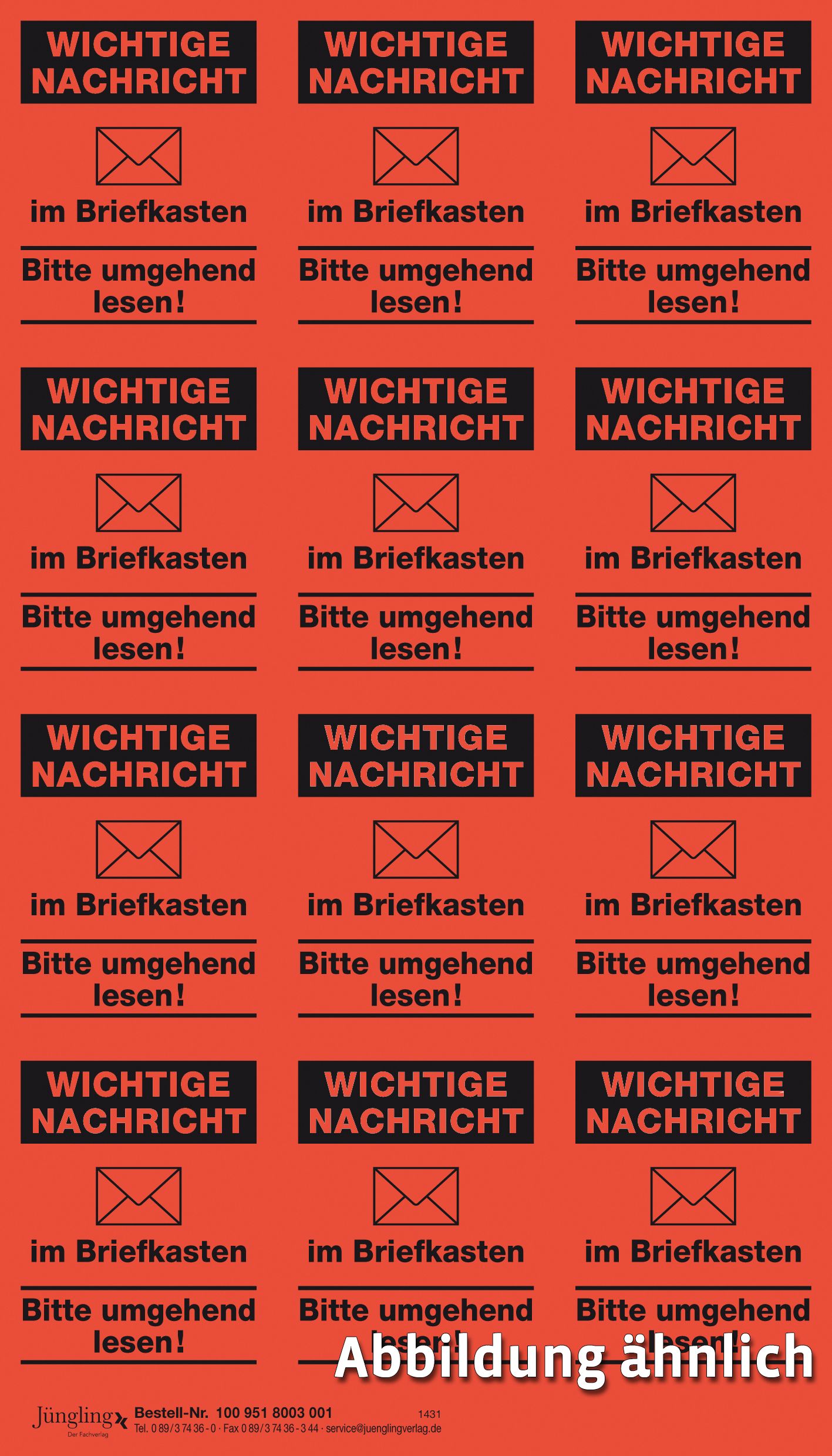 Aufkleber für Hausbriefkasten, Standardaufdruck Wichtige Nachricht im Briefkasten, 210x120,  12 Nutzen, 50x40, 